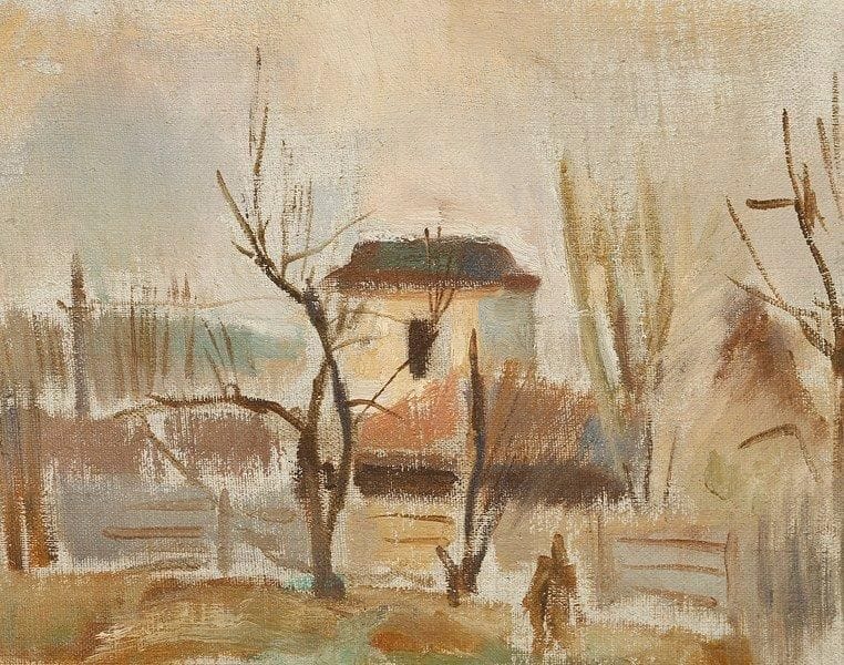 Vladimir Petrovitch TOMILOVSKY (1901-1990)
Paysage à l'homme près de la maison, 1939 Huile sur toile. Etiquette de l'année 1940 avec le nom de l'artiste et la date 22,5 x 28 cm