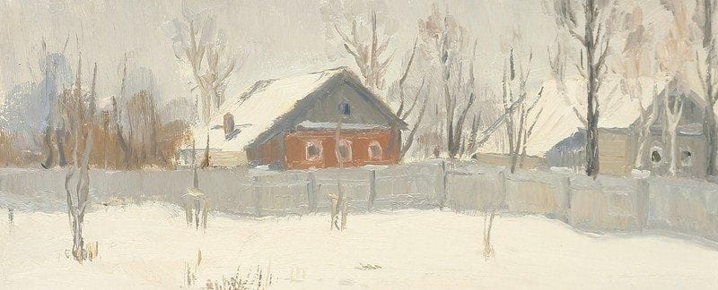 Vladimir Petrovitch TOMILOVSKY (1901-1990)
Village, hiver, 1957 Huile sur carton.  13 x 31,5 cm