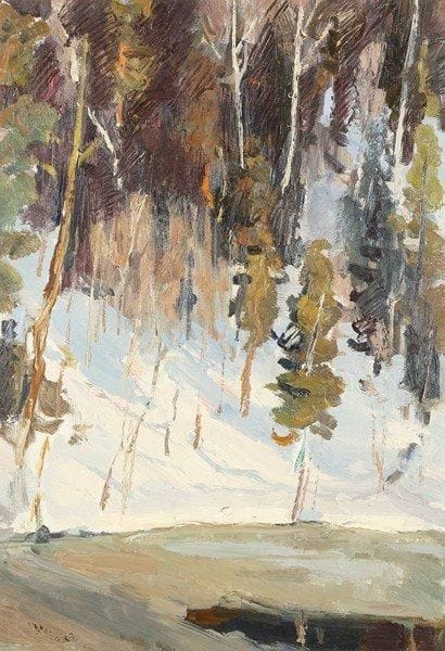 Vladimir Petrovitch TOMILOVSKY (1901-1990)
Bord d'un lac, 1959 Huile sur carton. Titré au dos.  44 x 30 cm