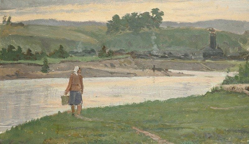 Vladimir Petrovitch TOMILOVSKY (1901-1990)
Femme près de la rivière, 1965 Huile sur carton.  27 x 47 cm