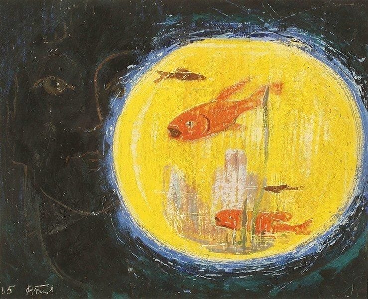 Vladimir Petrovitch TOMILOVSKY (1901-1990)
L'homme et l'aquarium, 1965 Aquarelle. Signé et daté en bas à gauche.  31 x 39 cm