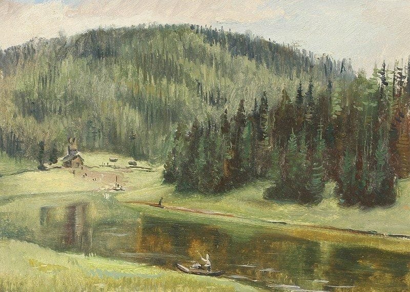 Vladimir Petrovitch TOMILOVSKY (1901-1990)
Baie en été Huile sur carton. Au dos dessins au crayon representant des personnages marchant dans la montagne 20 x 29 cm
