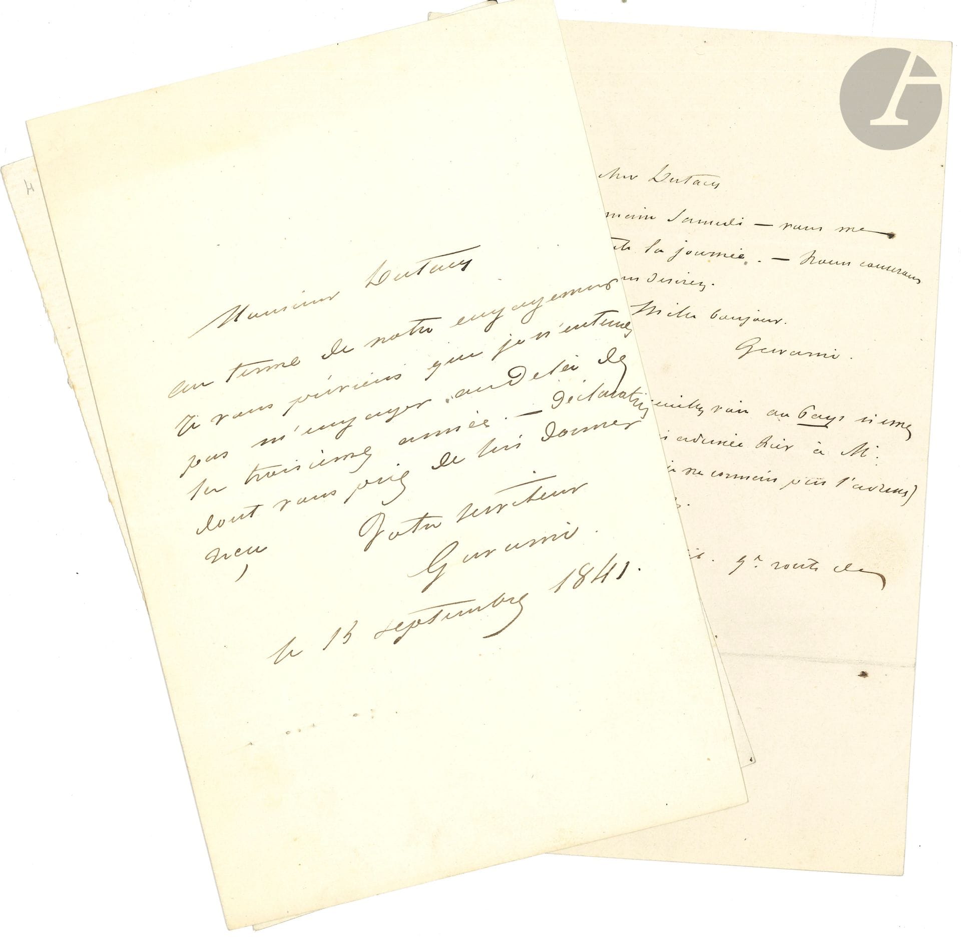 Paul GAVARNI (1804-1866). 3 L.A.S., s.d. et 15 septembre 1841, à Armand Dutacq ; 1 page in-8 chaque.

Pour des rendez-vous donnés ou manqués ; en septembre 1841, il prévient, au terme de leur engagement : « je ne veux pas m’engager au-delà de la troisième année »...