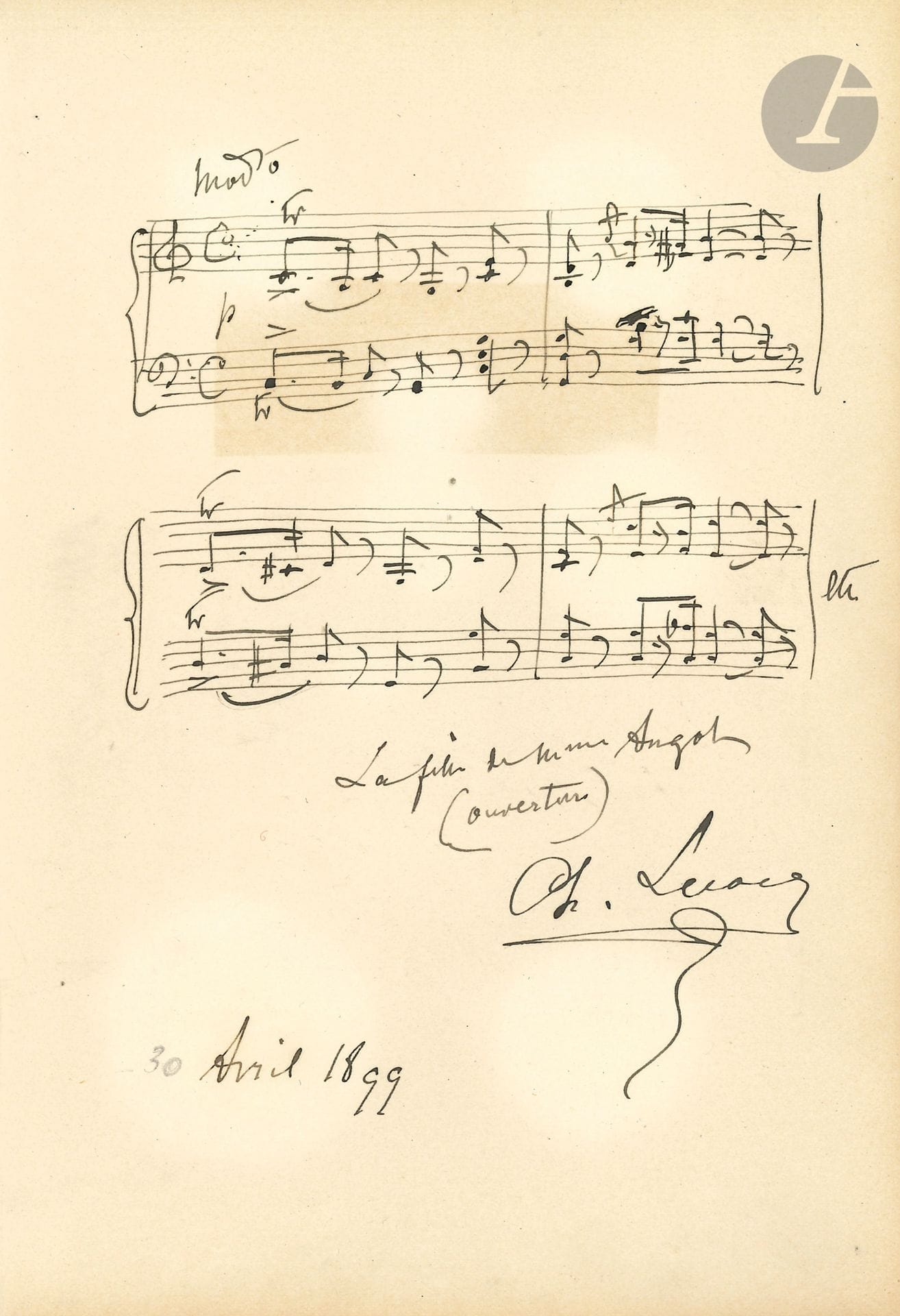Charles LECOCQ 2 L.A.S. et 1 P.A.S., 1881-1899 et sans date ; 3 pages in-8 et 1 page petit in-4 (petits défauts).

Paris 27 juin 1881, à une dame. « L’ouvrage que je ferai représenter cet hiver n’est pas intitulé La Petite Fée ainsi que l’ont par erreur annoncé les journaux. Pas une note encore n’en est écrite, et je n’ai encore pris aucun arrangement avec mon éditeur. D’habitude je lui vends la propriété pour l’Espagne et le Portugal où jusqu’à présent je n’ai touché que peu ou point de droits d’auteur »…. – Au sujet de La Mariée de Douarnenez : « Tout bien examiné, je crois qu’il n’y a rien à faire à la Gaîté »… Avril 1899. 4 mesures de « La Fille de Mme Angot (ouverture) ».