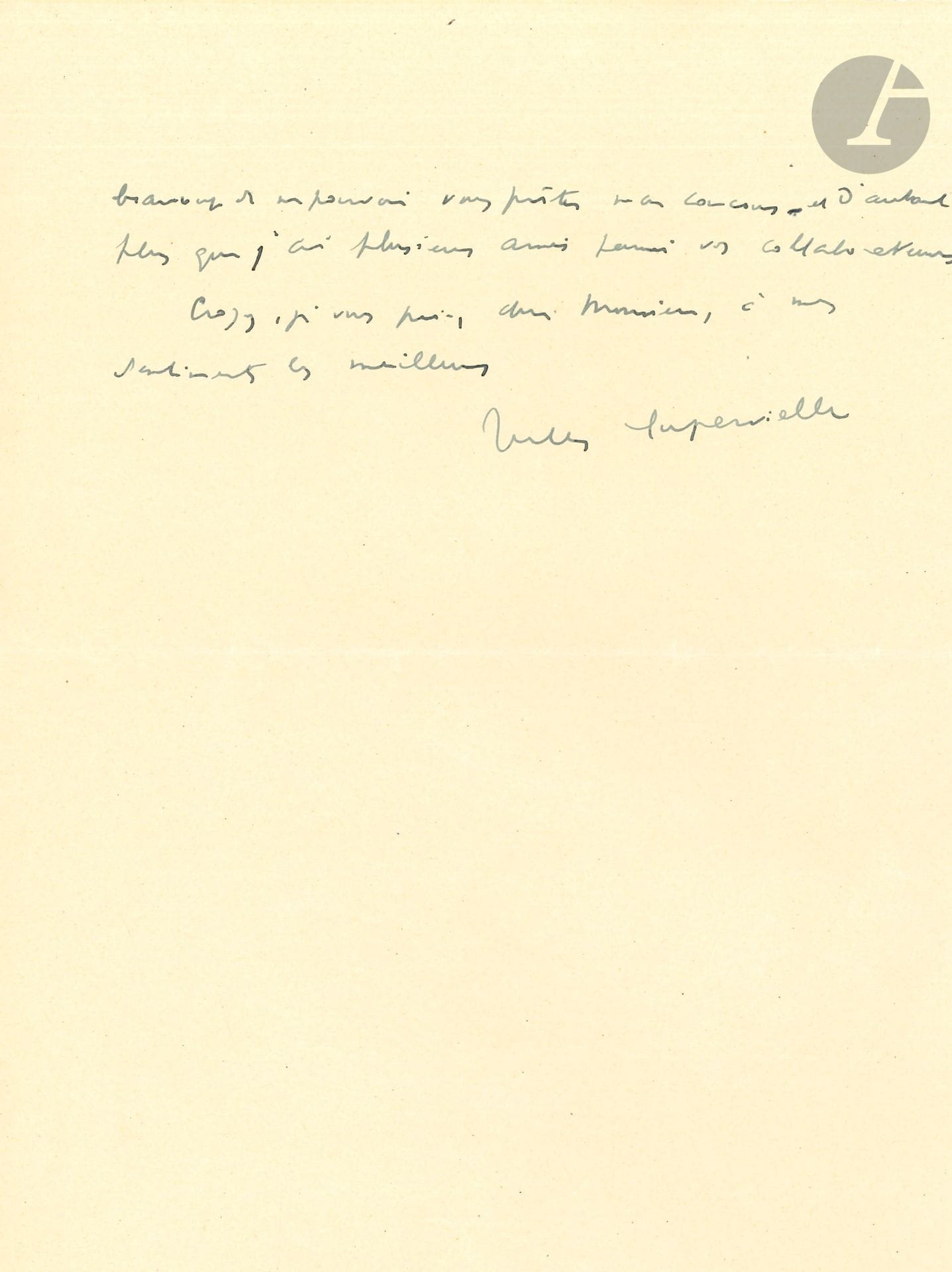 Jules SUPERVIELLE (1884-1960). L.A.S., 10 avril 1931 ; 1 page et quart in-8.

Il est à Port-Cros pour quelques jours. « J’eusse été heureux de collaborer à cet ouvrage sur les Colonies françaises. Malheureusement tout mon temps est pris actuellement par divers travaux commencés et je regrette beaucoup de ne pouvoir vous prêter mon concours – et d’autant plus que j’ai plusieurs amis parmi vos collaborateurs »...