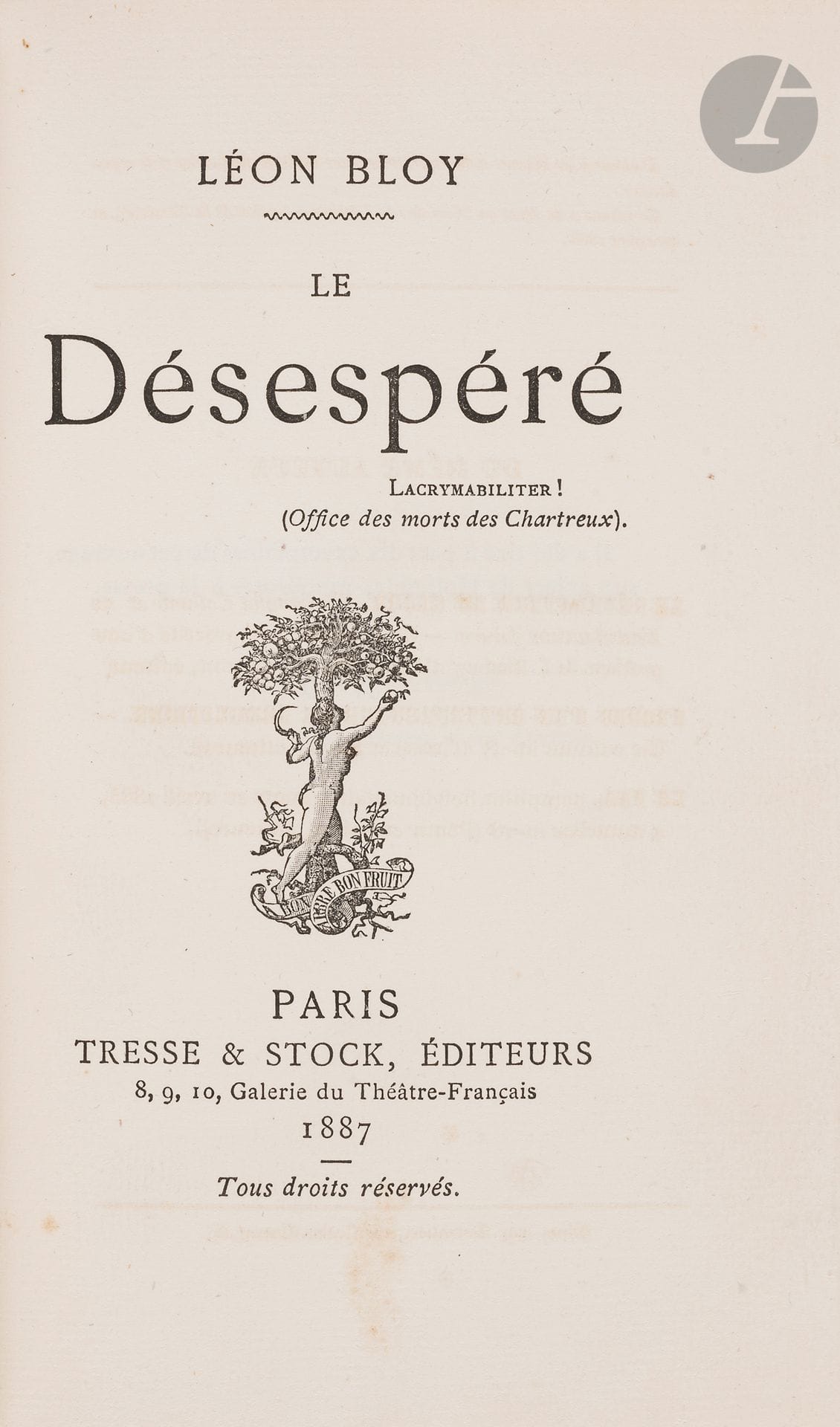 Léon BLOY. Le Désespéré (Tresse & Stock, 1887 [pour 1886]) ; in-12 de viii-579 p., demi-maroquin à coins tête-de-nègre, dos lisse, couv. et dos, tête dorée, non rogné.

Véritable édition originale, un des dix exemplaire sur Hollande (n° 9).
Première édition imprimée dès 1886 (avec la date 1887), mais remisée dans la cave de P.-V. Stock (qui craignait les poursuites), et mise en vente sept ans plus tard ; elle fut désavouée par Bloy. La parution de l’édition Soirat (1886) n’ayant donné lieu à aucun procès, l’éditeur Stock se décida en 1893 à publier la sienne ; il amenda le passage dirigé contre le directeur du Figaro Francis Magnard (ici Magnus Conrart, directeur du Basile) selon le texte de l’édition Soirat en faisant cartonner le cahier 23 (marqué par un double astérisque pour les p.  397 à 404 et 413 à 420) et fit brocher les exemplaires. Il n’a été tiré de cette édition Stock que 10 exemplaires de tête, numérotés à la presse, sur papier de Hollande 
Ex libris de Jean-Victor Pellerin.