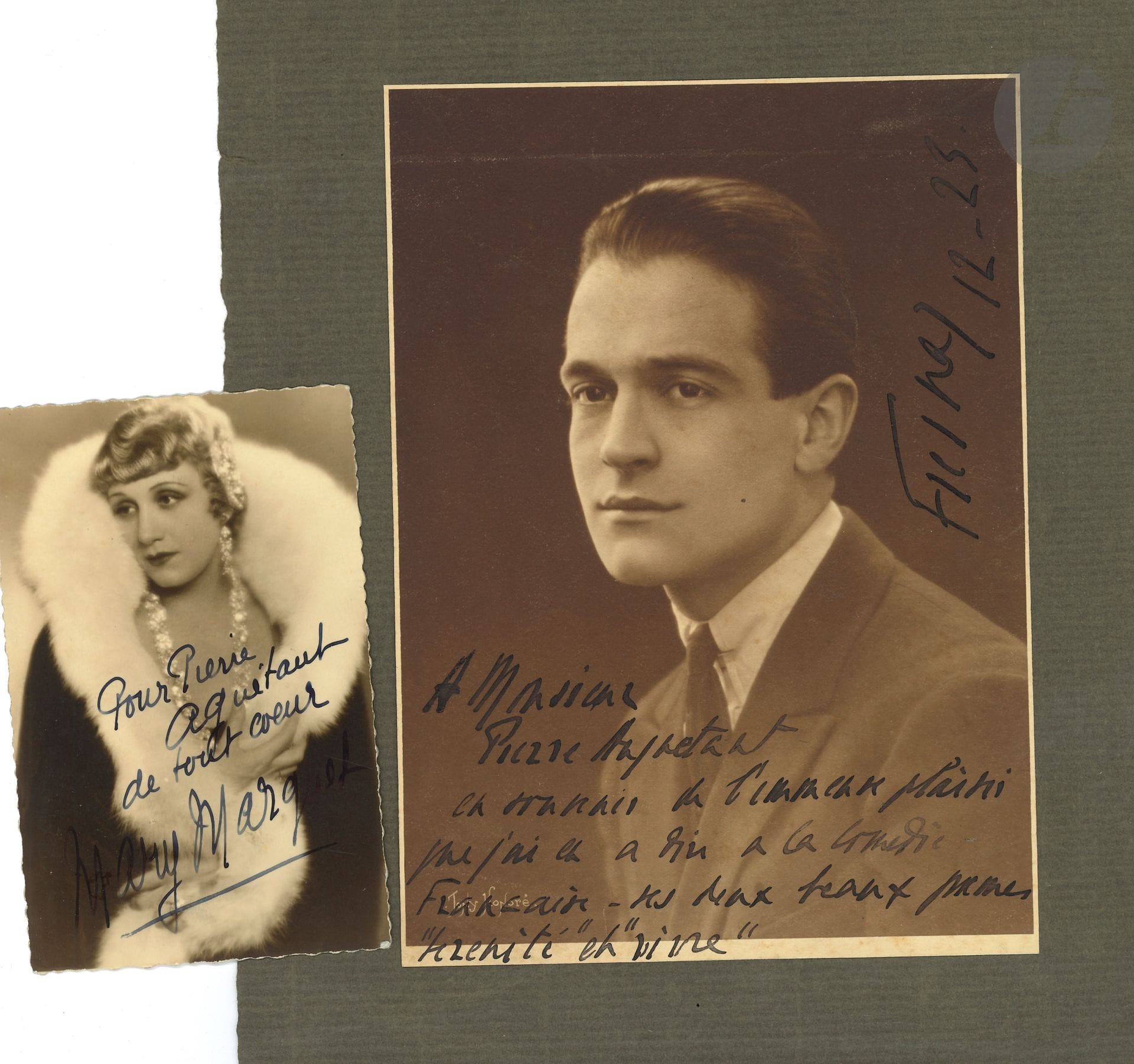 THÉÂTRE. 32 lettres ou pièces, la plupart L.A.S., adressées au poète et romancier Pierre AGUÉTANT.

Émile Albert, Julia Bartet (photo dédic.), Henriette Barreau (photo dédic.), Léon Bernard (2), Janine Borelli (grande photo dédic.), Béatrice Bretty (grande photo dédic.), Pierre Fresnay (grande photo dédic.), Jacques Grétillat (grande photo dédic.), Irma Grignon-Faintrenie, Marguerite Moreno (2), Roger Monteaux (photo dédic.), Mary Marquet (6, et photo dédic.), Madeleine Roch (2), Jules Truffier (8), Charles Vanel…