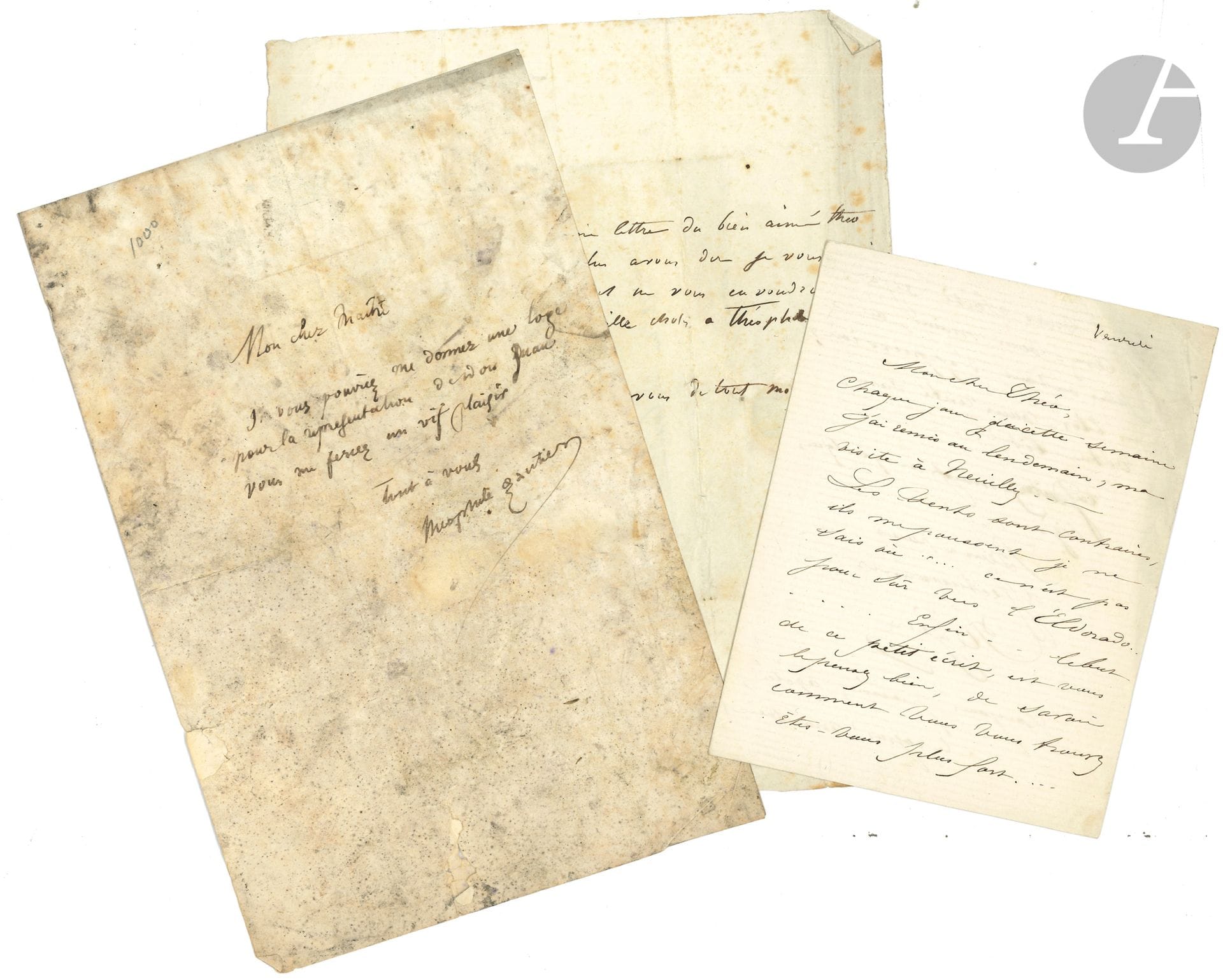 Théophile GAUTIER. L.A.S., au directeur du Théâtre Français ou à M. Verteuil ; demi-page in-8, adresse (mauvais état). 
On joint une l.a.s. de son ancienne maîtresse Régina Lhomme à Gautier, et un billet non signé adr. à Mme Th. Gautier

Demande de place pour la représentation de Don Juan.
On joint une l.a.s. de son ancienne maîtresse Régina Lhomme à Gautier, et un billet non signé adr. à Mme Th. Gautier.