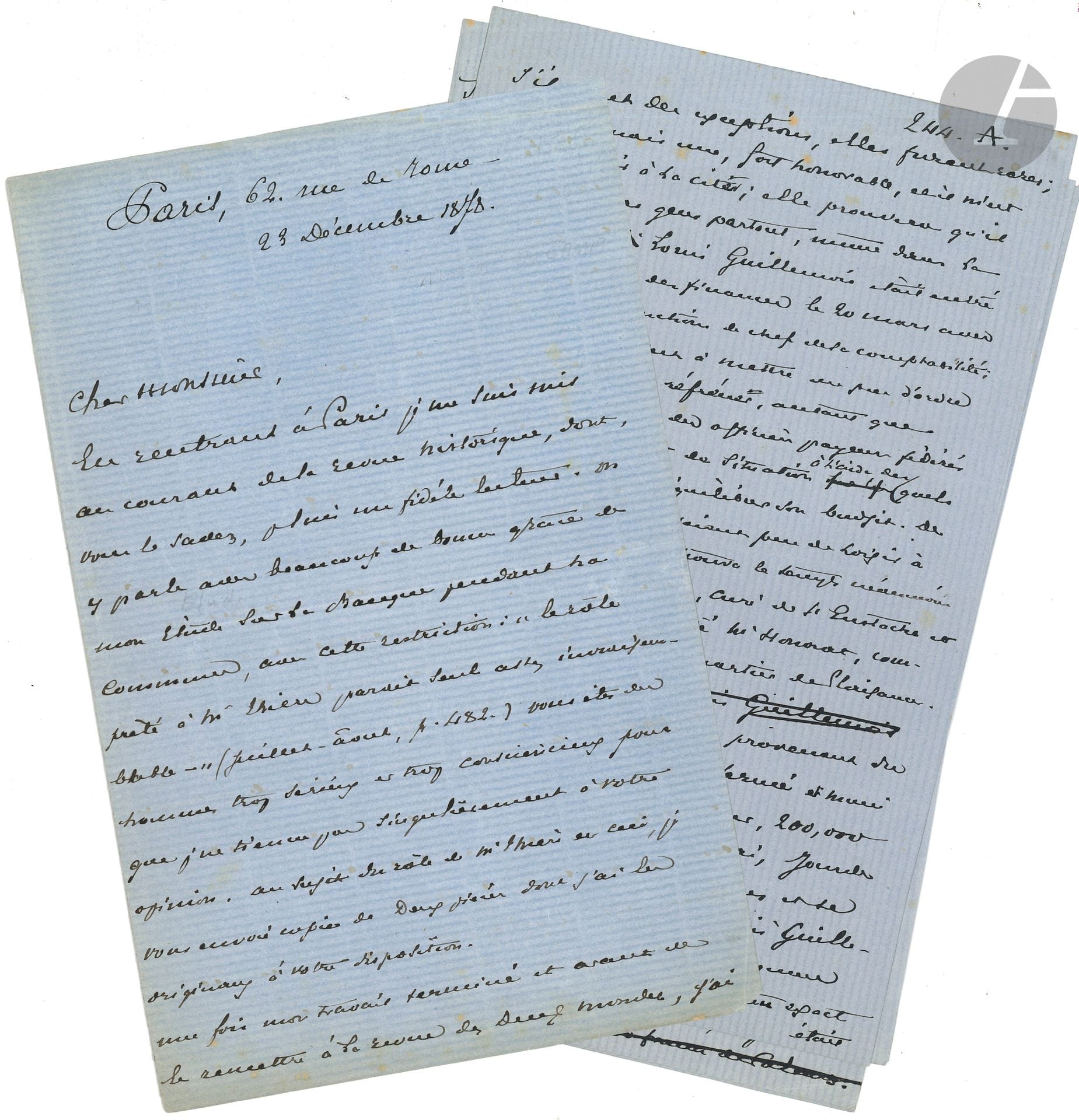 Maxime DU CAMP (1822-1894). 12 L.A.S., la plupart à Arthur Kratz, et un manuscrit autographe, 1878-1892 et s.d. ; 26 pages in-8. 
On joint un dossier de lettres et documents des archives Kratz, concernant la mort et les obsèques de Du Camp, et la publication de ses Mémoires.

La correspondance avec Kratz concerne notamment la préparation de son livre Les Convulsions de Paris sur la Commune (1878). Le manuscrit (paginé 244 A à D) concerne la conduite de Louis Guillemois au ministère des Finances, qui prouve « qu’il y a de braves gens partout, même dans la Commune »… Une longue lettre (Noël 1892) évoque la préparation de ses Souvenirs littéraires, la candidature de Mistral à l’Académie, et la vieillesse : « il serait très doux de vieillir et de penser que bientôt on n’entendra plus parler de Panama, de Carmaux et d’un tas de calembredaines plus sales les unes que les autres »…
On joint un dossier de lettres et documents des archives Kratz, concernant la mort et les obsèques de Du Camp, et la publication de ses Mémoires.
