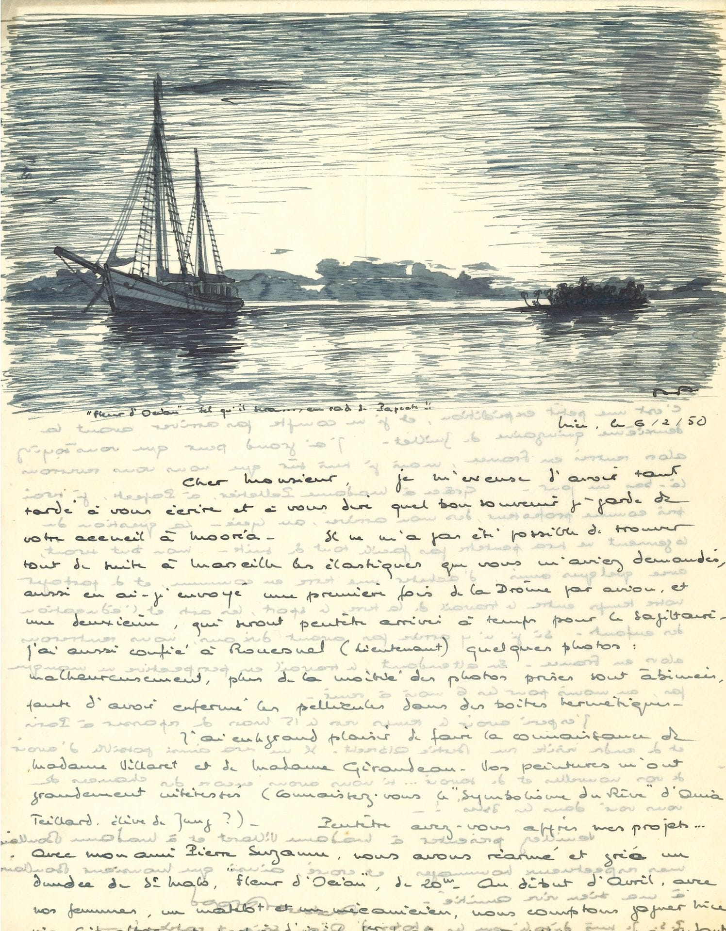 [Bernard VILLARET (1909-2006) écrivain et voyageur]. Environ 135 lettres, la plupart L.A.S. (certaines accompagnées de brouillons ou doubles dactyl. de réponses), à lui adressées, vers 1925-1959.

Important ensemble de correspondances, adressées d’abord au médecin, puis au voyageur, écrivain et conférencier, concernant notamment ses séjours en Polynésie et à Tahiti avec son épouse Jacqueline.
Robert Argod (avec un beau et grand dessin de marine), S. Arpels, Jacques Boullaire (34 ,plus des dessins et gravures), Christian Caillaud, comte de Caraman, Jean Courbeyre, Roger Couvelaire, Luis de Errazu, R. Fillatrau, Alphonse Franck, Charles et Renée Jan, capitaine Jaricot, baronne de Jouvenel, Jean Lépine, Chalotte de La Tremoille La Rochefoucauld, Pierre et Suzanne Marestaing, Stanley N. Miller (9), Yves Mirande, Paul Mousset, Paul Pétard, Jean Psichari, Gustave Quinson, Jane Renouardt, Ada Rebikoff, Victor A. de Sanctis (9), Alfred Stirling, Alexandre Stourdza, famille Villaret (dont une longue lettre de Bernard de Tahiti), etc.
On joint des cartes de visite, des cartons de vernissage, et divers documents, dont d’amusantes lettres illustrées par Georges (Villaret ?) à Annecy en 1901 ; plus quelques parchemins et documents anciens.