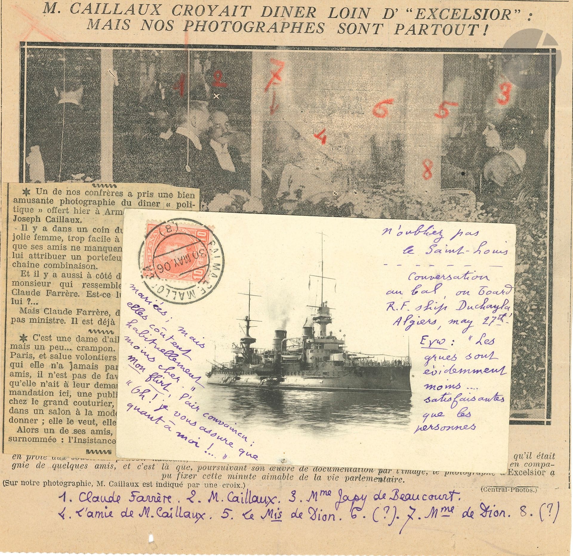 Claude FARRÈRE (1876-1957). Carte postale autographe, [30 mai 1906], à Pierre Louÿs ; carte illustrée (navire de guerre) adresse au dos. 
On joint une coupure de presse concernant Farrère, annotée par Pierre Louÿs ; plus une carte postale a.s. d’Anatole France à Jane Catulle-Mendès (vue de la Béchellerie).

Il rapporte son amusante conversation avec un flirt à Alger : « Les grues sont évidemment moins… satisfaisantes que les personnes mariées ; mais elles coûtent habituellement moins cher »…
On joint une coupure de presse concernant Farrère, annotée par Pierre Louÿs ; plus une carte postale a.s. d’Anatole France à Jane Catulle-Mendès (vue de la Béchellerie).