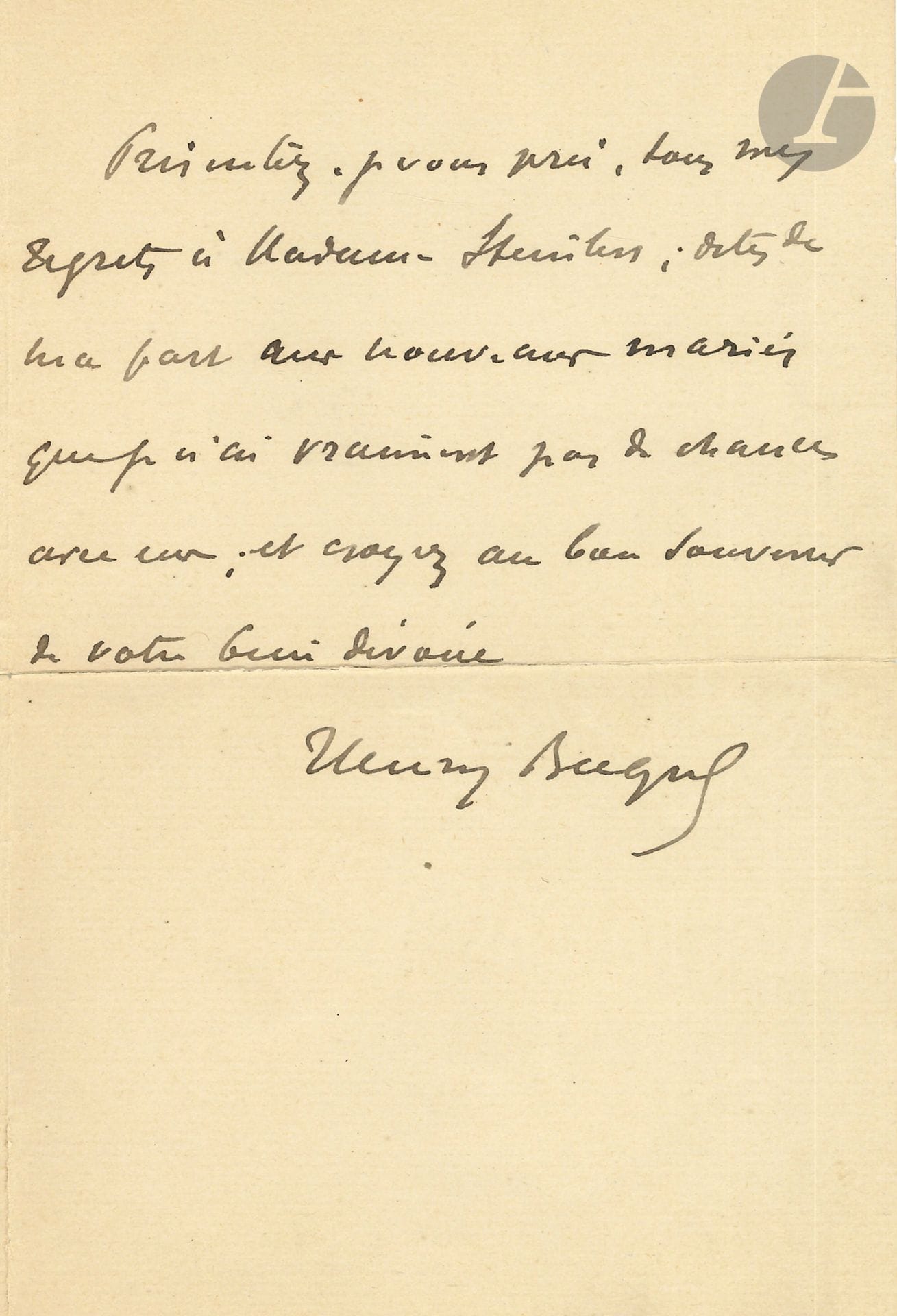 Henry BECQUE (1837-1899). L.A.S., to Steinlen; 1 page and a half in-8 (crack in fold repaired).

He has been ill for a fortnight: "I'm going through a very acute and tenacious attack of eczema, which doesn't leave me a moment's rest". He is unable to accept the invitation: "Please tell the newlyweds from me that I really don't have a chance with them"... On the back of the letter, graphological analysis in pencil.