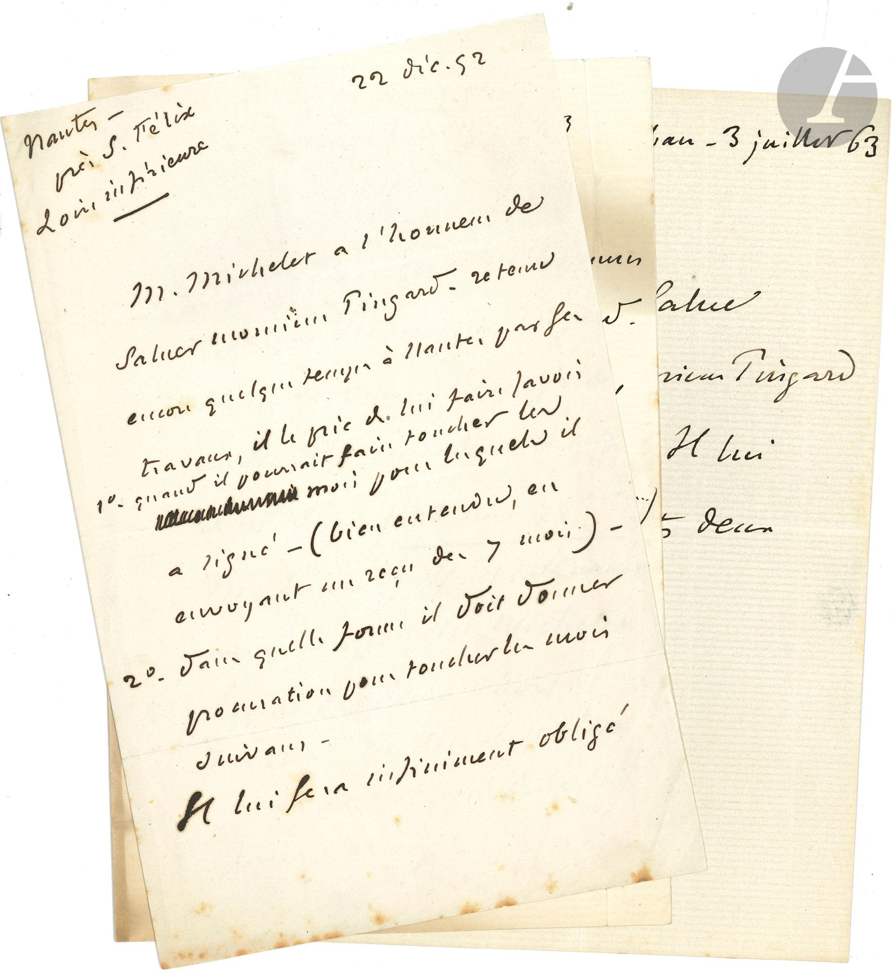 Jules MICHELET (1798-1874). 3 L.A.S. (signées en tête, à la 3e personne), 1852 et 1863, à M. Pingard ; 3 pages in-8, une adresse.

Au sujet du paiement de ses indemnités comme membre de l’Institut...