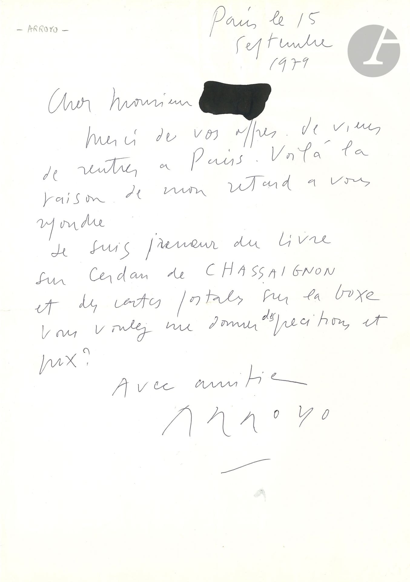 Eduardo ARROYO (1937-2018). 3 L.A.S. et 1 L.S., 1974-1982 et s.d. ; 3 pages et demie in-4. 
On joint une petite P.A.S. du graveur David au comte de Forbin.
Il est « un grand amateur de boxe » et possède une « très bonne bibliothèque » sur ce sujet. Il achète un livre sur Cerdan et veut des cartes postales sur la boxe. Etc. 
On joint une petite P.A.S. du graveur David au comte de Forbin.