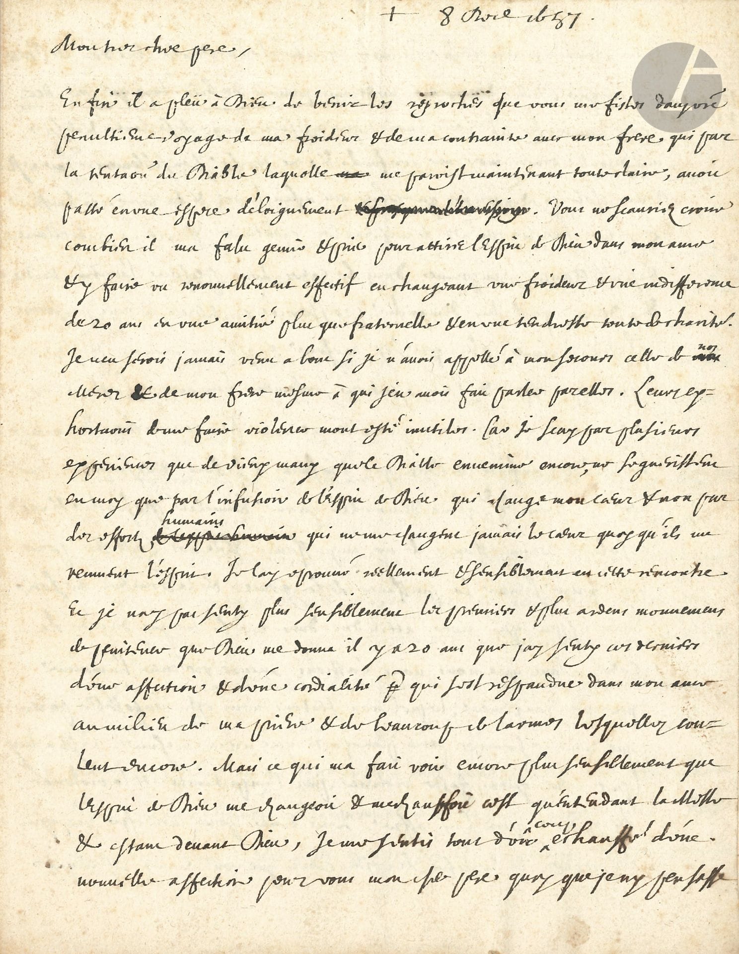 PORT-ROYAL. Antoine LE MAISTRE (1608-1658), Jansenist and man of letters, first solitary of Port-Royal des Champs, brother of Lemaistre de Sacy. L.A., December 8, 1657, [to Antoine Singlin (1607-1664), Jansenist, spiritual director of Port-Royal and Blaise Pascal]; 3 1/2 pages in-4 filled with small handwriting with a few corrections. 

Rare and beautiful letter from this Port-Royal recluse.
"Mon tres cher pere, Enfin il a pleu à Dieu de bénir les reproches que vous me fistes dans votre penultieme voyage de ma froideur &amp; de ma contrainte avec mon frere qui par la tentation du Diable laquelle me paroist maintenant toute claire, avoit passé en une espece d'éloignement. You wouldn't believe how much I had to groan &amp; pray to draw God's spirit into my soul &amp; make an effective renewal there by changing a coldness &amp; indifference of 20 years into a friendship more than fraternal &amp; into a tenderness all of charity. I would never have succeeded if I hadn't appealed to the help of our Mothers and of my brother myself, to whom I had spoken about it through them. Their exhortations to do me violence were useless. For I know from several experiences that old ills that the Devil still aggravates, can only be cured in me by the infusion of God's spirit, which changes my heart, and not by human efforts, which never change my heart, even though they stir my spirit. I really &amp; sensibly experienced this in this encounter. And I did not feel more sensitively the first &amp; most ardent movements of penitence that God gave me 20 years ago than I felt these last ones of an affection &amp; of a cordiality which spread in my soul in the middle of my prayer &amp; of many tears which still flow. But what made me see even more clearly that the spirit of God was changing me and warming me was that, hearing Mass and being before God, I suddenly felt a new affection for you, my dear father, even though I wasn't thinking about it at the time. Otherwise I would have doubted the truth of this gift from God, because God never destroys good in order to destroy evil. I confess that this testimony of his goodness and mercy towards me confounds me and touches me deeply. For it is a prodigious thing that He who made heaven and earth should allow Himself to be fleshed out by the prayers of wretched creatures &amp; should actually &amp; appreciably imprint in the heart of a person the tender and ardent friendship He asks of Him prostrate on the ground for a person He must love more than Himself &amp; whom He almost never loved in fact &amp; with a merely human affection. It is in these encounters that I see that nothing makes us more aware of God's infinite greatness than the infinity of his goodness and love for mankind, and that he only requires deep humility and an absolute recognition of our powerlessness and weaknesses to make us feel the power of his grace and the gentleness of his Holy Spirit, who tenderizes us in such a long-standing hardness of heart, without us doing ourselves any human violence for this change, which we feel is impossible because we are not stronger than ourselves. He wants us to do him violence by the importunity and violence of the prayers we offer him. I have no doubt, my dear father, that your heart's desire, which you have testified to in so many encounters on this subject, has strengthened those of our Mothers and of my brother. For being as poor as I am, I need to be assisted by all of you".... Etc.