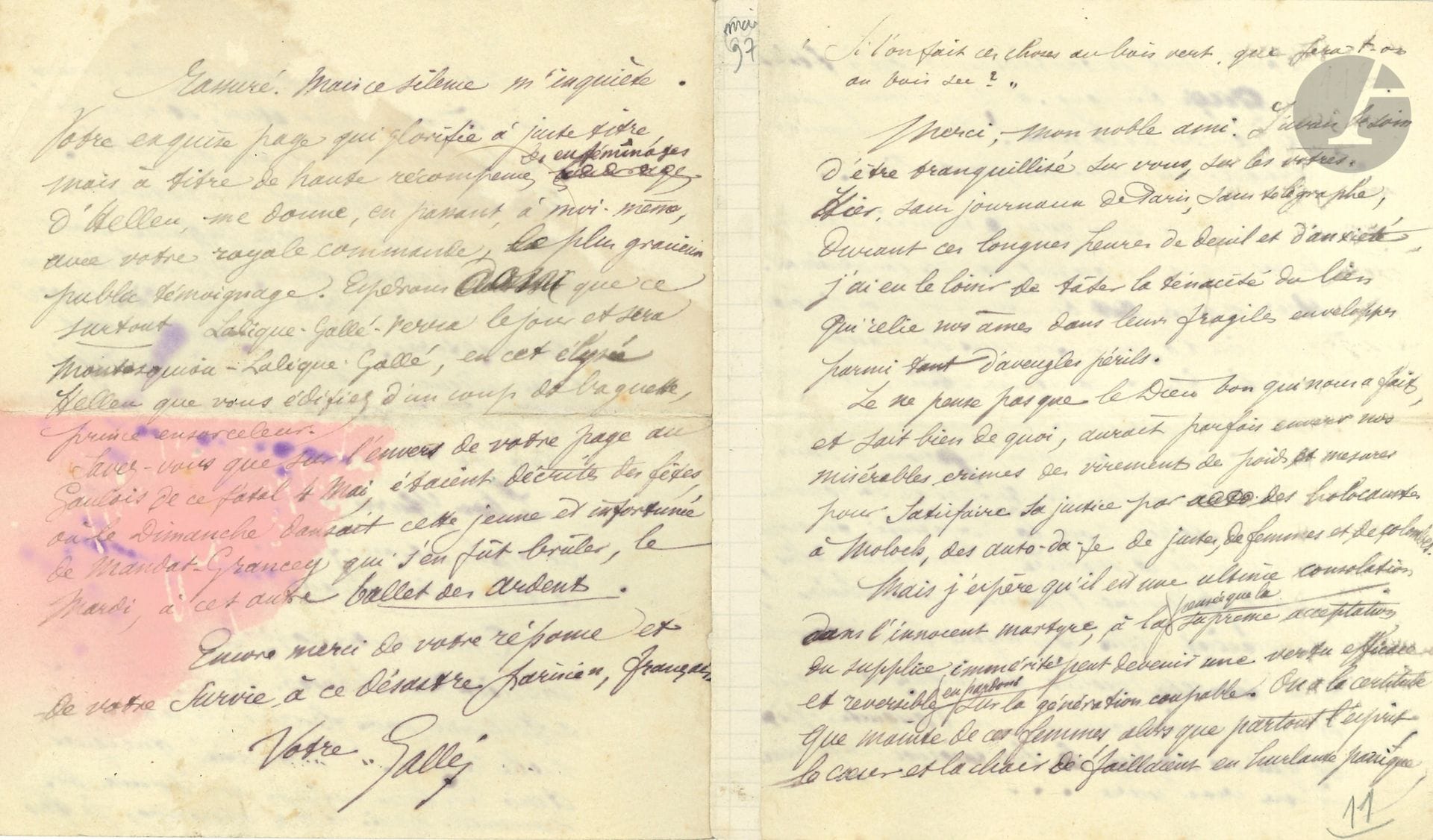 Émile GALLÉ. L.A.S., [mai 1897], à Robert de Montesquiou ; 4 pages in-12 (trace d’onglet, légère mouillure à la dernière page).

Après l’incendie du Bazar de la Charité (4 mai 1897).
Il dit sa grande inquiétude pour son « noble ami […] durant ces longues heures de deuil et d’anxiété » et cet « auto-da-fe de justes, de femmes et de colombes »… Il espère que cet « innocent martyre » deviendra « une vertu efficace et reversible en pardons sur la génération coupable »… Etc. Il s’est inquiété aussi pour la comtesse Greffulhe, Yturri, les Schwob… Il évoque enfin Helleu, et la « royale commande » de Montesquiou : « Espérons donc que ce surtout Lalique-Gallé verra le jour et sera Montesquiou-Lalique-Gallé, en cet élysée Helleu que vous édifiez d’un coup de baguette, prince ensorceleur »…