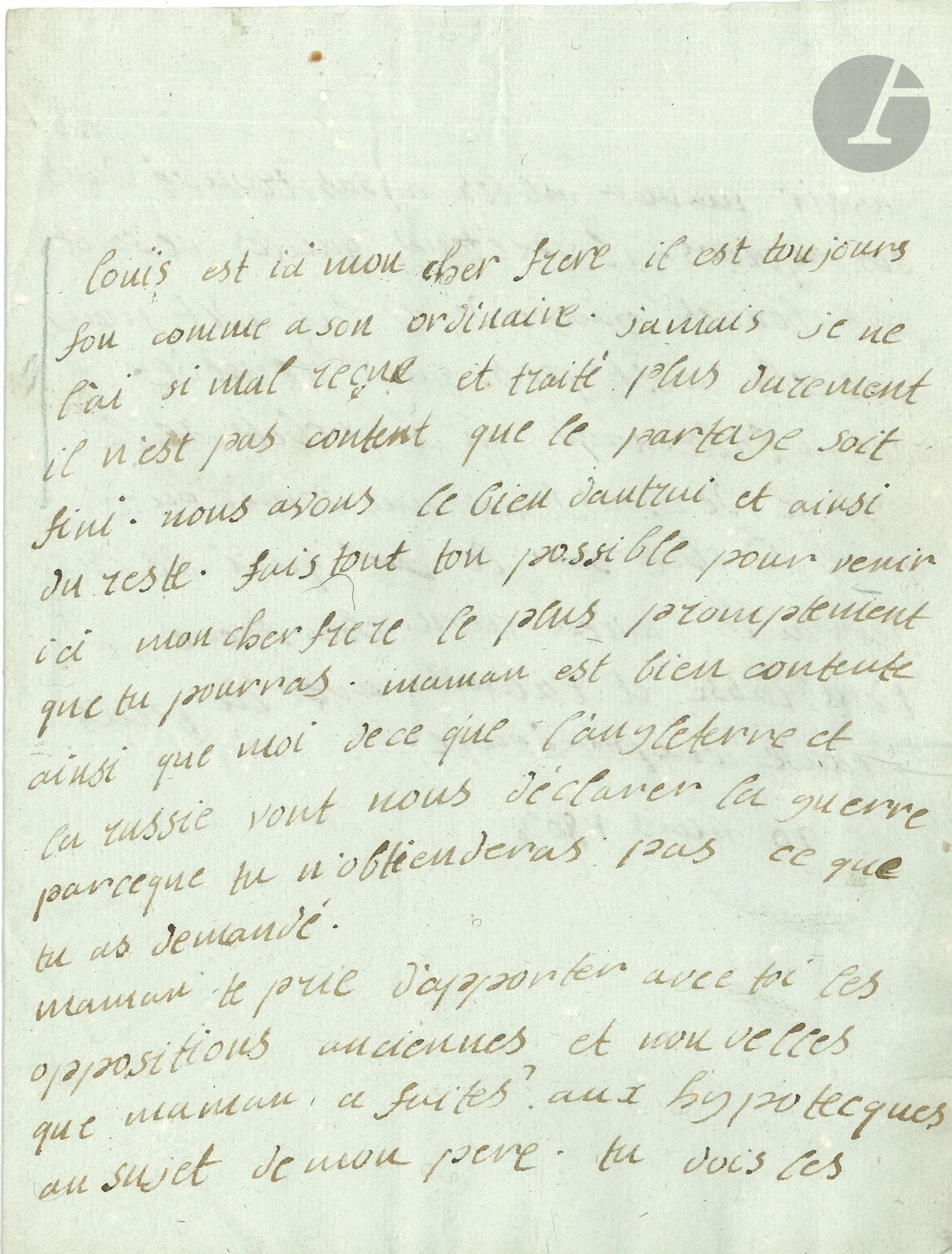 Madeleine-Laure de SADE (1771-1844) seule fille du marquis de Sade. 2 L.A., [1802]-1803, à son frère Claude-Armand de Sade, à Paris ; 2 pages in-8 et 2 pages in-4 avec adresse.



« Tu es un petit ingrat mon cher frere de croire que je t’oublie comme cela. Je pense souvent a toi, je suis bien fachée que ton retour soit différé mais vue que c’est pour ton avantage il faut prendre patience ». À propos de l’aîné, Louis-Marie : « Mon frere est ici il s’occupe beaucoup. J’en suis enchanté parce que cela l’empèche de nous faire endever »...
20 mars 1803. « Louis [Louis-Marie] est ici mon cher frere il est toujours fou a son ordinaire. Jamais je ne l’ai si mal reçue et traité plus durement. Il n’est pas content que le partage soit fini »…