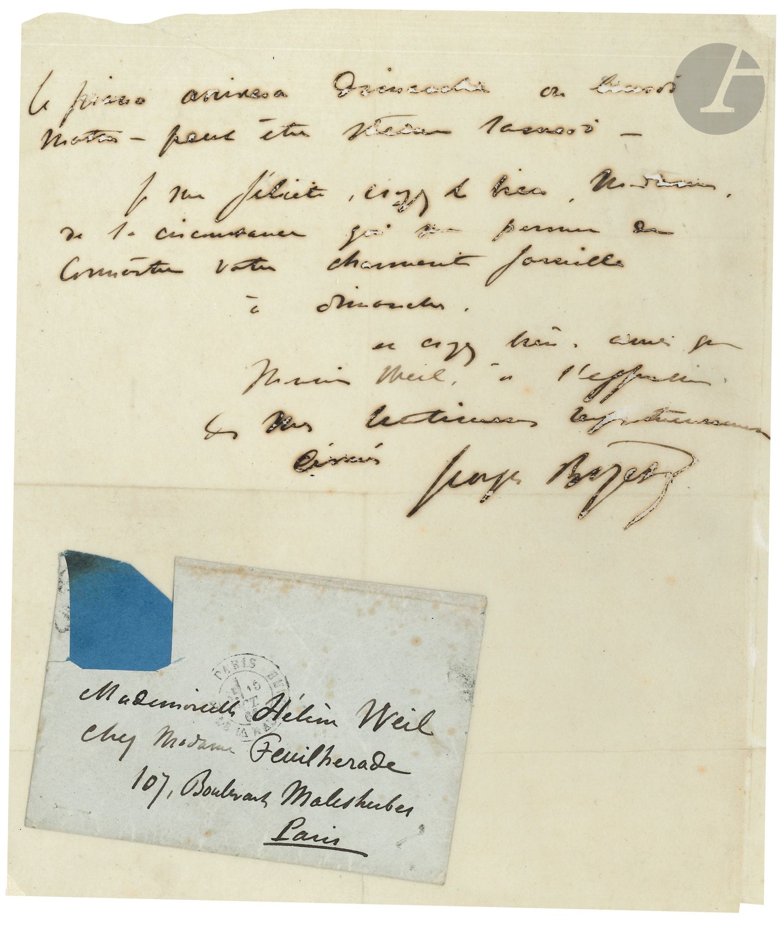 Georges BIZET (1838-1875). L.A.S., [1866 ?], à Mme Weil ; demi-page in-4 (sur papier pelure avec corrosion d’encre, papier doublé d’un fin papier japon).

« Le piano arrivera dimanche ou lundi matin – peut-être même samedi ». Il se félicite « de la circonstance qui me permet de connaître votre charmante famille »…
On joint une enveloppe autogr. adressée à Mlle Hélène Weil.