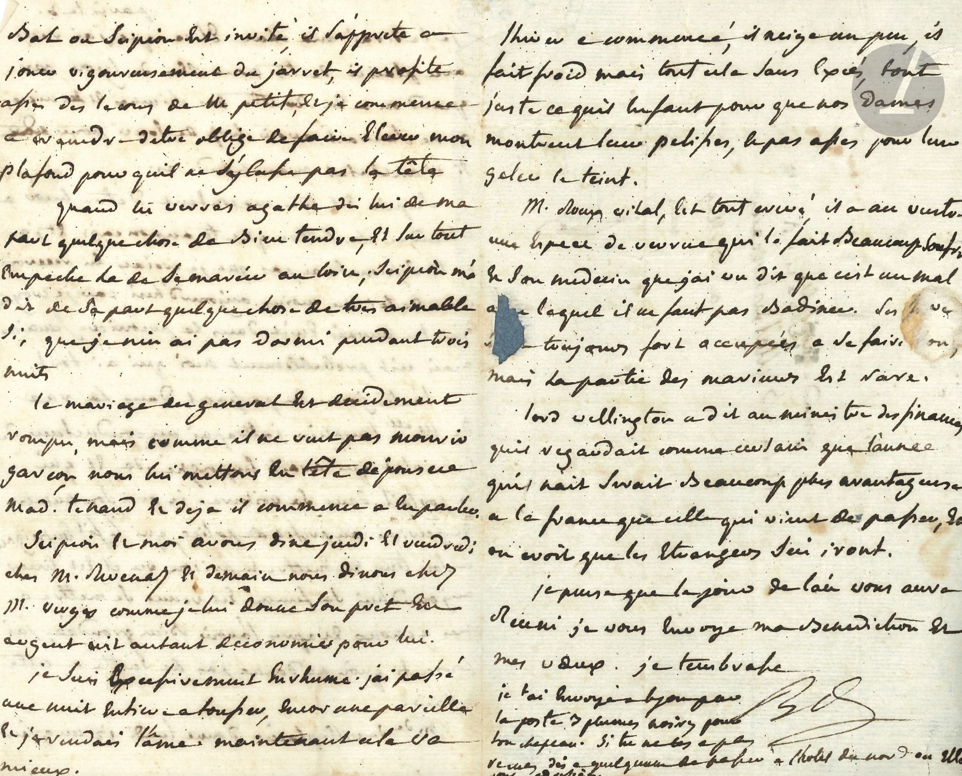 Anthelme BRILLAT-SAVARIN (1755-1826) magistrate and gastronome. L.A.S. "BS", Paris February 3 [1816?], to his niece Élisabeth Brillat des Terreaux, Belley (Ain); 3 pages in-8, addressed (small tear from broken seal, old mounting on blue paper).

He was delighted to receive news of her from Lyon, "because when you have bitches and nieces on the road, you can't worry too much about such lucky merchandise"... He recounts an adventure involving his dog Ida: "The other day, as I was passing in the rue de Melle Templier, I caught a cabriolet driver who had grabbed Ida and was carrying her in his car. I took his number and wrote to the Prefect of Police, who in turn had him grabbed and put in prison, where he remains to this day. His wife came to my knees, and after scolding her, I agreed that no further action should be taken"... He speaks humorously of his brother Scipion, who "is learning to play the hock vigorously" at Mme de Villeplaine's ball, and who brought him something so kind from Agathe, that he didn't sleep for three nights. He gives news of some friends: the general who doesn't want to die a boy, MM. Revenaz, Vergèz, Roux Vital, etc. "Lord Wellington told the Minister of Finance that he considered it certain that the coming year would be much more advantageous to France than the one that has just passed, and it is believed that the foreigners will leave. I think that New Year's Day will have brought you together, so I send you my blessing and my best wishes"...