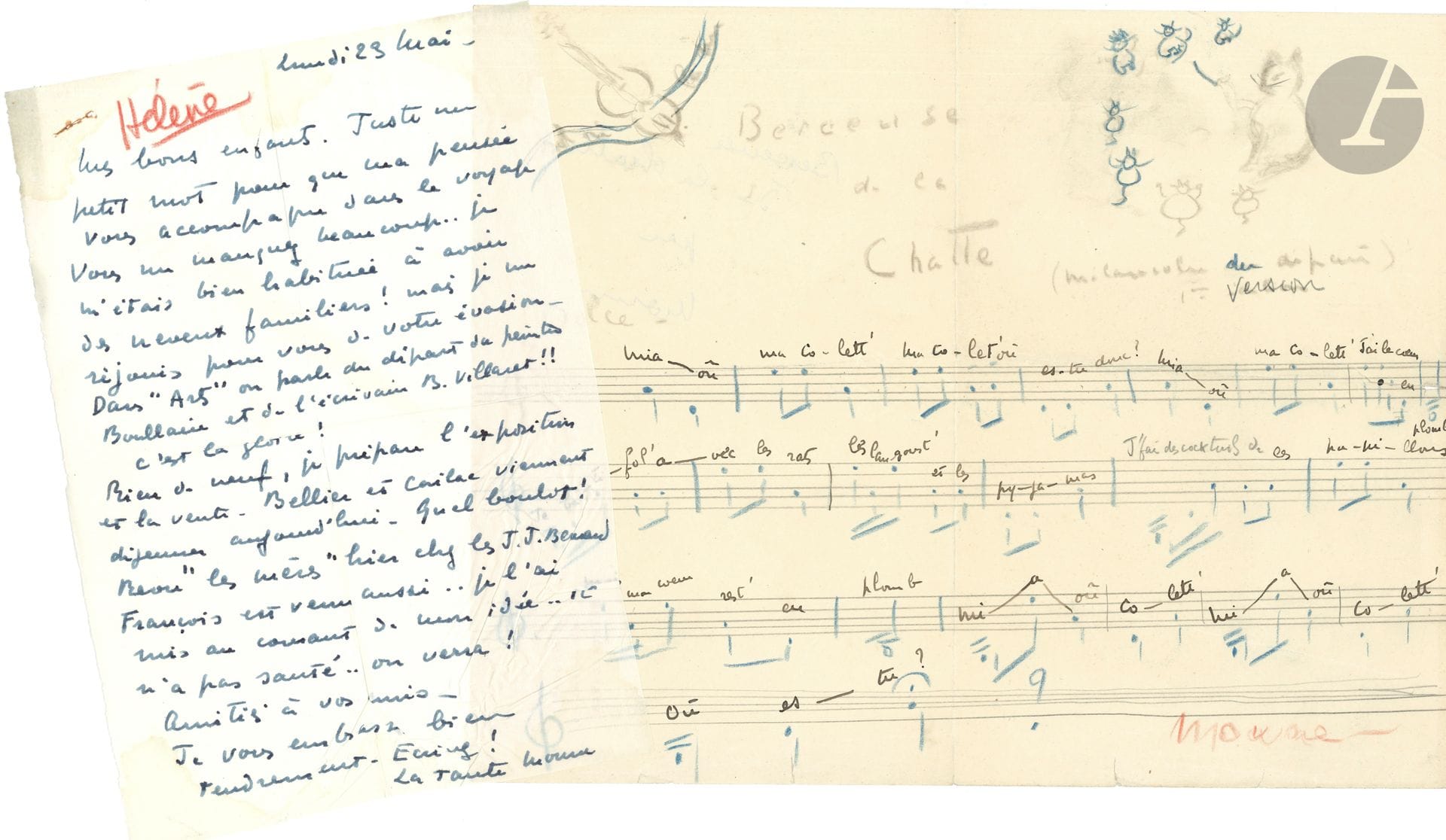 Hélène JOURDAN-MORHANGE (1888-1961). 5 L.A.S. « Moune », 2 manuscrits musicaux, et environ 79 lettres (la plupart L.A.S.) à elle adressées ou la concernant.

Intéressant ensemble concernant la violoniste et critique musicale, qui fut une amie proche de Maurice Ravel et de Colette, et la compagne du peintre Luc-Albert Moreau.
5 lettres de la « Tante Moune » à ses neveux Villaret en 1949-1950 : elle prépare l’exposition sur Luc-Albert Moreau à la B.N., et la vente de son atelier ; le festival de musique de Strasbourg ; repos à Honfleur après Aix ; succès de l’exposition et de la vente ; conférence sur « la pauvre Ginette Neveu », etc.
Esquisse et première version (signée « Moune ») de la Berceuse de la Chatte (sur les paroles : « Miaou ma Colett’ »…), ornées de dessins de chats par  Luc-Albert Moreau.
Lettres concernant la mort à Verdun (25 mars 1916) de son mari Jacques Jourdan (avec photo de sa tombe) : lettres d’officiers et camarades de régiment, dont le capitaine Félix Herpin ; condoléances : Maurice Barrès, Tristan Bernard, Georges Casella, Romain Coolus, Albert Dalimier, Guy-Pierre Fauconnet, Alexandre Georges, Robert Mallet-Stevens, Léon Moreau, René Puaux, Paul Reboux, Jean Sardou, Cécile Sorel, Abel Truchet, etc.
Correspondance reçue (1948-1956), notamment lors du décès (29 avril 1948) de son compagnon Luc-Albert Moreau : Pierre Andreu, Germaine Beaumont, Jean-Jacques Bernard, Vera Bour, Julien Cain, Pierre Camo, René Chalupt, Daniel-Lesur (3), Jacques Debré, Pierre Dubaut, Henri Dutilleux, Devy Erlih, Bernard Gavoty, Georges Huisman, Colette de Jouvenel, Marcel Marceau, Léopold Marchand, Georges Migot (4), Marcel Mihalovici, Henri Sauguet, Gérard Souzay, Jacques de Zogheb, etc.
On joint divers documents : copie (par Colette de Jouvenel) d’une lettre de Ravel à Colette ; photo de Colette avec HJM dans un banquet ; coupures de presse…