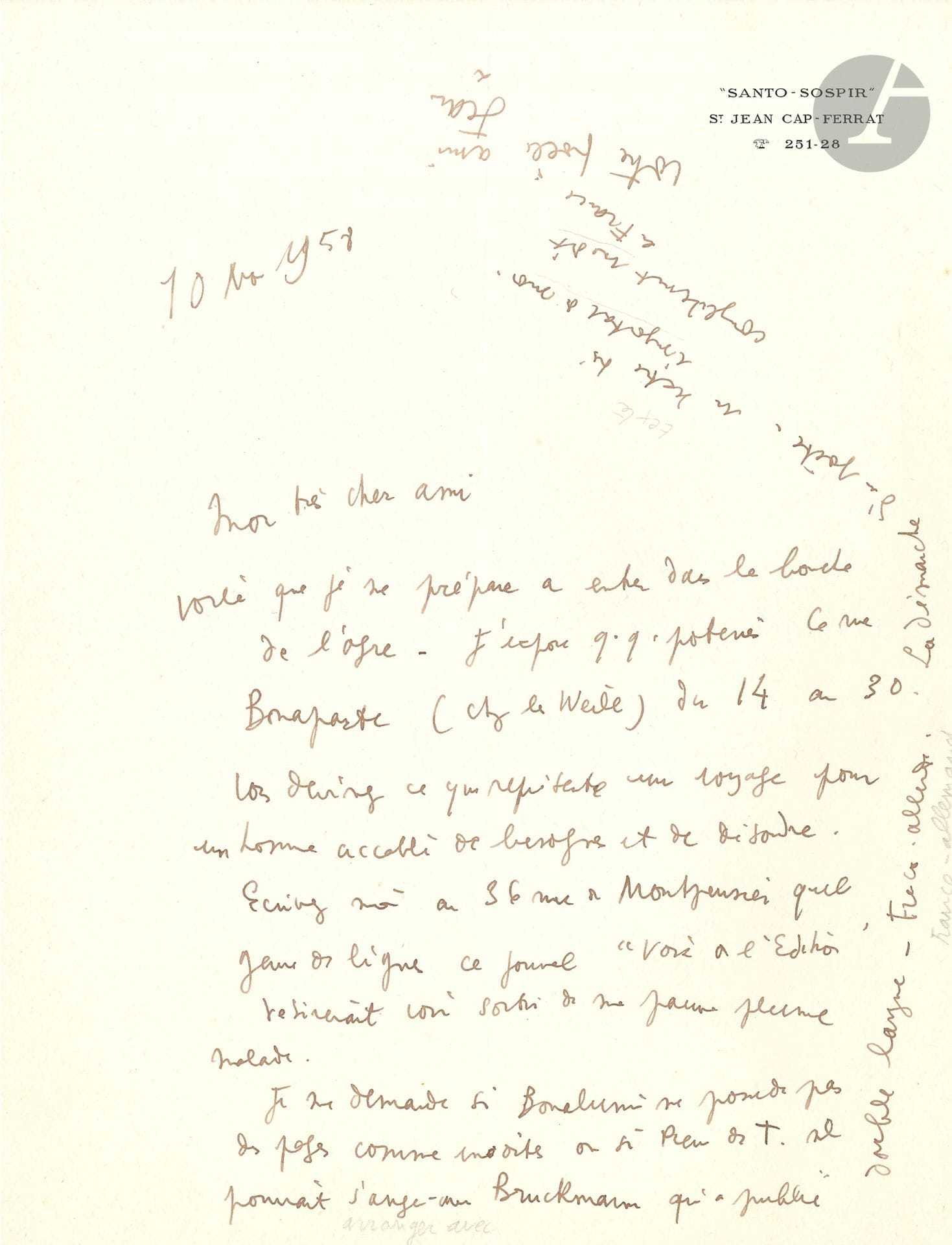 Jean COCTEAU. L.A.S. « Jean », Santo-Sospir 10 novembre. 1958, à un ami ; 1 page in-4, à l’adresse Santo-Sospir.

À propos d’une collaboration à un journal. « Voilà que je me prépare à entrer dans la bouche de l’ogre ». Il expose des poteries à la Galerie Weill, et « accablé de besogne et de désordre », pourrait difficilement voyager… Qu’on lui écrive « quel genre de lignes ce journal “Voir l’Édition” désirerait voir sortir de ma pauvre plume malade. Je me demande si Bonalumi ne possède pas des pages comme inédites ou si Pierre de T. [Tartas] ne pourrait s’arranger avec Bruckmann qui a publié [en] double langue – Franco-allemand La Démarche d’un poète – un texte important de moi complètement inédit en France »…