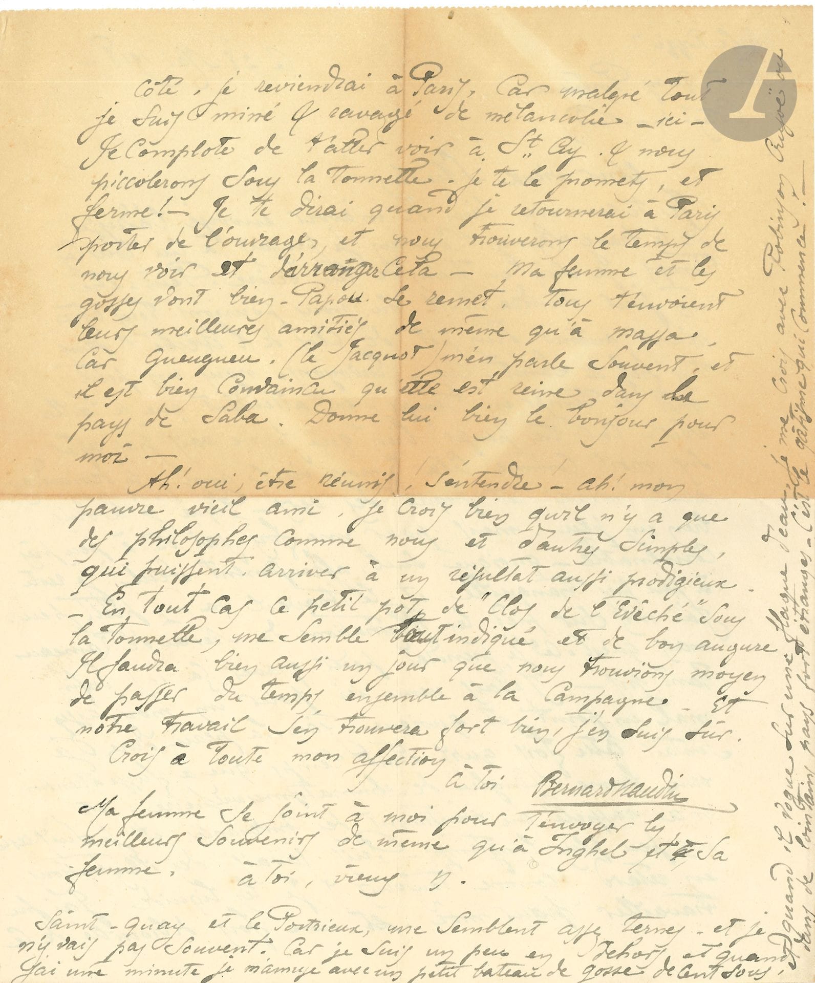 Bernard NAUDIN (1876-1946). L.A.S., Saint-Quay-Portrieux 28 mai 1918, à Steinlen ; 2 pages in-4 (légère brunissure à la 2e page).

Il est venu pour se reposer mais se sent « affreusement seul. Je reste à peu près tranquille, et le travail va un petit peu. J’ai mis sur pied les illustrations du Neveu de Rameau mais qui est-ce que je prendrai pour graver ça (!!) […] J’avais des illustrations en retard (comme toujours) Je les liquide. J’ai pu travailler pour moi, et une fois débrouillé de ce côté, je reviendrai à Paris, car malgré tout je suis miné & ravagé de mélancolie – ici ». Il ira le voir à Saint-Ay « & nous piccolerons sous la tonnelle. […] Ah ! oui, être réunis, – s’entendre– Ah ! mon pauvre vieil ami.  Je crois bien qu’il n’y a que nous et d’autres simples qui puissent arriver à un résultat aussi prodigieux »…