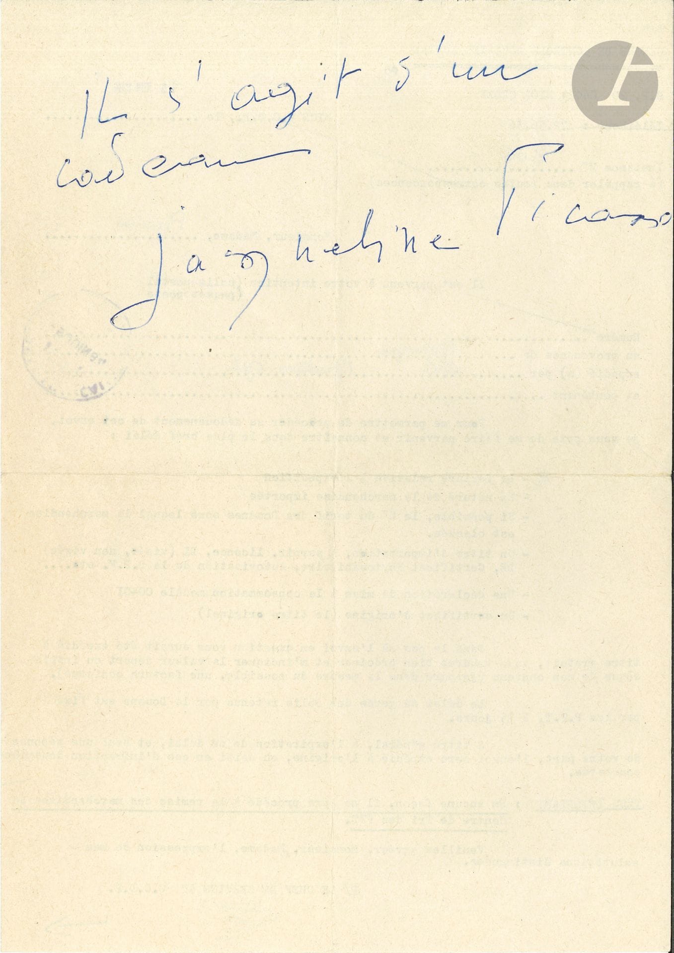 Jacqueline PICASSO (1927-1986). P.A.S., June 5, 1984; half-page in-4.

Customs form for a shipment from Catalan art book publisher Gustavo Gili. The Centre de Contrôle Douanier Postal asks for the invoice for the shipment in order to clear it through customs. She has written on the back of the sheet: "This is a gift", and signed it.