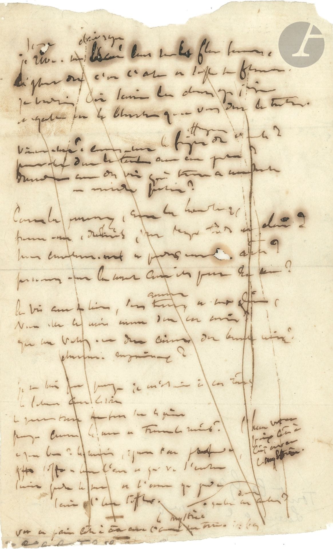 Victor HUGO. Poème autographe, [Lueur à l’horizon, 1854] ; 1 page in-8 (doublée au dos d’un fin papier japon). 
On joint une L.A.S. de sa femme Adèle Hugo, 22 décembre, à une dame, pour une fête d’enfants (1 p. ½ in-8).

Brouillon de premier jet de ce poème recueilli dans Les Quatre Vents de l’esprit.
Lueur à l’horizon est daté dans l’édition « Jersey 18 mars 1854 » ; le poème sera recueilli en 1881 dans Les Quatre Vents de l’esprit, pièce XXII du « Livre lyrique » La Destinée.
Ce brouillon donne une première version des six premiers quatrains, avec des variantes alternatives.
  « Je rêve/songe, une lueur/clair rayon luit sur le flot sonore,
  Le phare dit c’est l’aube et souffle son flambeau
  Je voudrais bien savoir les choses que j’ignore […]
 À quoi bon ? Le marin regarde l’eau profonde,
Et siffle en levant l’ancre et qui va s’envoler
Laisse gronder la mer et l’océan qui gronde
Laisse l’homme siffler ».
On joint une L.A.S. de sa femme Adèle Hugo, 22 décembre, à une dame, pour une fête d’enfants (1 p. ½ in-8).