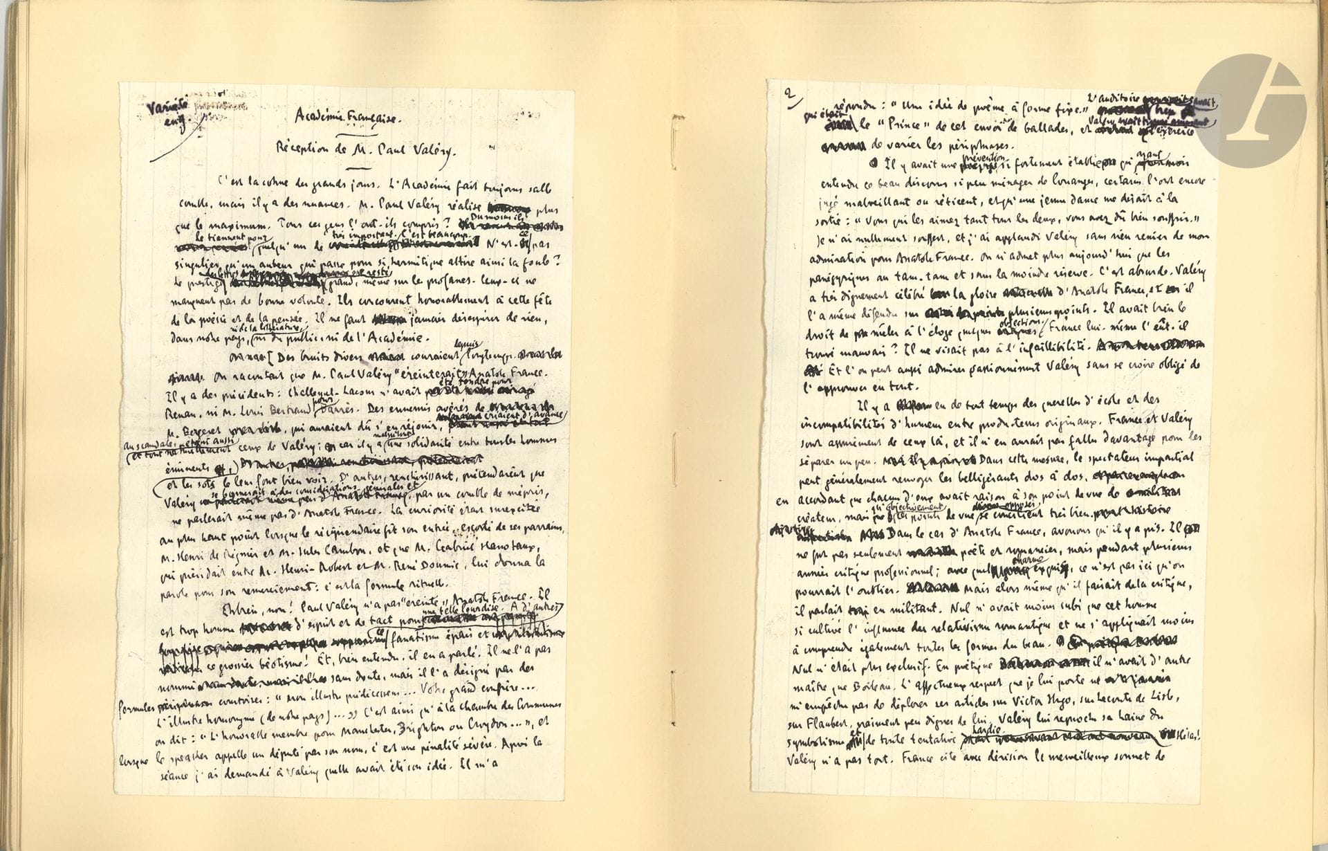 [Paul VALÉRY]. Paul SOUDAY (1869-1929). 4 manuscrits autographes signés ; 17 pages in-8 montées dans un recueil de coupures de presse (56 p., broché, dos cassé).

Important ensemble d’articles et coupures de presse sur Paul Valéry, notamment sur sa réception à l’Académie. Les trois manuscrits de Paul Souday, avec ratures et corrections, sont : Autres Rhumbs (2 p.), sur le recueil du poète et sa réception académique ; Académie Française. Réception de M. Paul Valéry (4 p.) ; Au “Crapouillot” (3 p.), réponse à un article de Galtier-Boissière dénigrant Valéry ; Les Livres (8 p.), chronique sur 4 ouvrages de Valéry, et des livres de Claudel et Jammes.