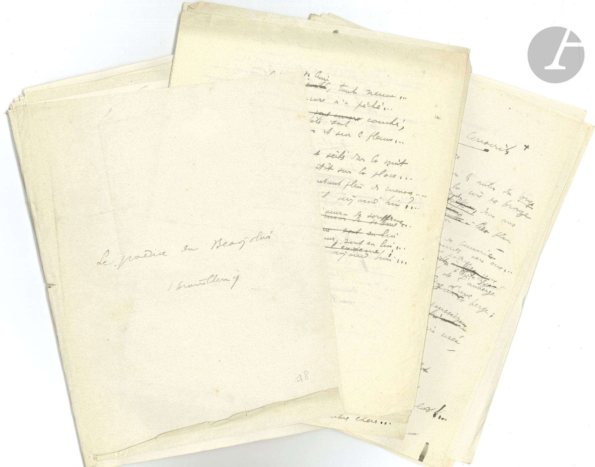 Pierre AGUÉTANT. Manuscrit autographe, Le Poème du Beaujolais, [1922] ; 133 pages petit in-4, et 37 pages in-8. 
On joint le manuscrit autographe signé de la lettre-préface d’Hélène Vacaresco (7 p. petit in-4, plus tapuscrit corrigé d’une addition en vue d’une nouvelle édition) ; et un exemplaire défait de l’édition originale corrigé en vue d’une réédition.

 Brouillons et manuscrits de travail de ce recueil sur le Beaujolais, publié en 1922 chez G. Van Oest, avec une préface d’Hélène Vacaresco, et des illustrations d’E. Brouillard et P. Combet-Descombes.
 Un premier brouillon, de tout premier jet, est abondamment raturé et corrigé (78 p.). Un second ensemble est une première mise au net, avec des ratures et corrections (55 p.). Un ensemble de 35 nouveaux poèmes, mis au net sur 37 p. in-8, avec quelques corrections (avec 2 poèmes impr. collés et corrigés), en vue d’une nouvelle édition.
On joint le manuscrit autographe signé de la lettre-préface d’Hélène Vacaresco (7 p. petit in-4, plus tapuscrit corrigé d’une addition en vue d’une nouvelle édition) ; et un exemplaire défait de l’édition originale corrigé en vue d’une réédition.