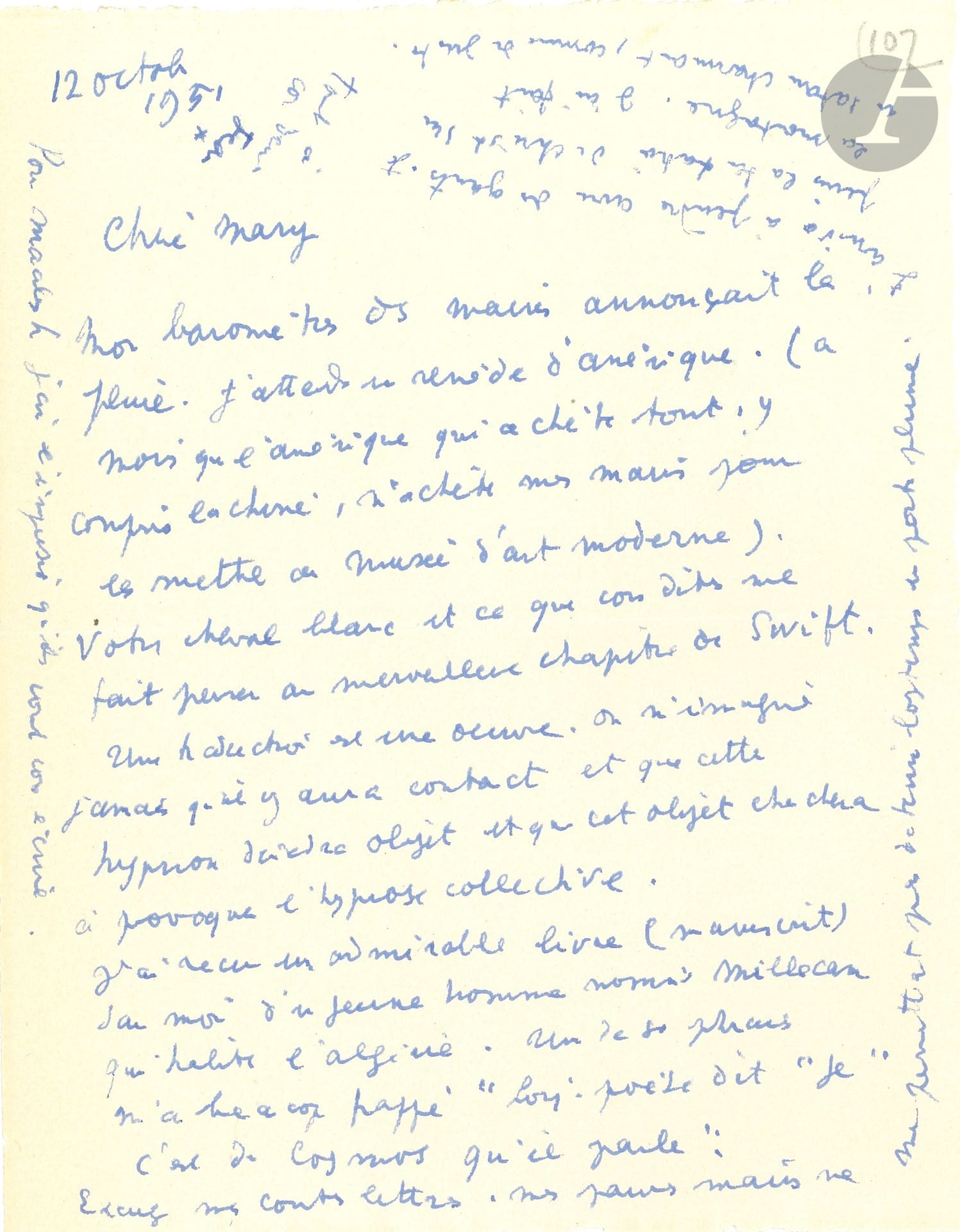 Jean COCTEAU. L.A.S. « Jean », 12 octobre 1951, à Mary Hoeck ; 1 page petit in-4.

À sa traductrice anglaise. « Mon baromètre des mains annonçait la pluie. J’attends un remède d’Amérique (à moins que l’Amérique, qui achète tout, y compris la Chine, n’achète mes mains pour les mettre au Musée d’art moderne ». Ce qu’elle dit de son cheval blanc lui rappelle un chapitre de Swift… « Une traduction est une œuvre. On n’imagine pas qu’il y aura contact et que cette hypnose deviendra objet et que cet objet cherchera à provoquer l’hypnose collective »… Il a reçu d’un jeune homme appelé Millecam, d’Algérie, un manuscrit sur lui qu’il juge admirable, dont une phrase l’a frappé… Il prie d’excuser ses courtes lettres : « Mes pauvres mains ne me permettent pas de tenir longtemps le porte-plume. J’arrive à peindre avec des gants. Je peins la tentation du Christ sur la montagne. J’ai fait un Satan charmant, comme de juste »…