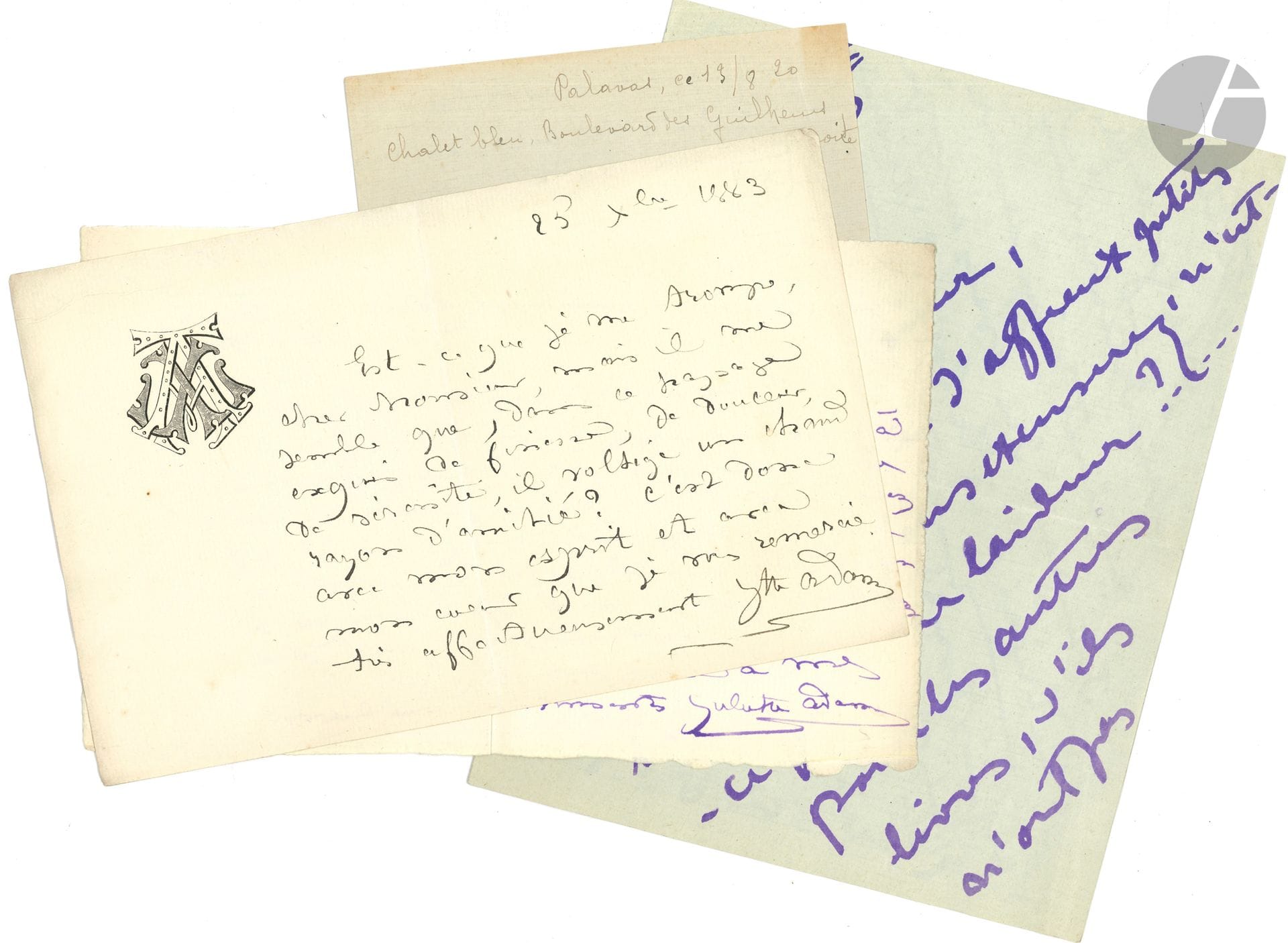 WOMEN. 36 letters, most of them L.A.S.

Juliette Adam (10), Caroline Berton (2), Jeanne Yves Blanc (Apollinaire's wartime godmother), Sophie Gay (to Francisque Gail, with engraved portrait), Delphine de Girardin (plus 4 from Émile), Gyp (8 to Eugène Grave), Marie de Larminat (on the death of Napoléon III), Ève Lavallière (4 to Lucien Muhlfeld), Isabelle Bernard Lazare (to G. Ancey), Marcelle Loubchansky (3 to E. Touraou), Maria Mercedes comtesse Merlin, Lizinka de Mirbel (to Mme Zimmermann), Anaïs Ségalas. And actress Jean Bach-Sisley (with press clippings).