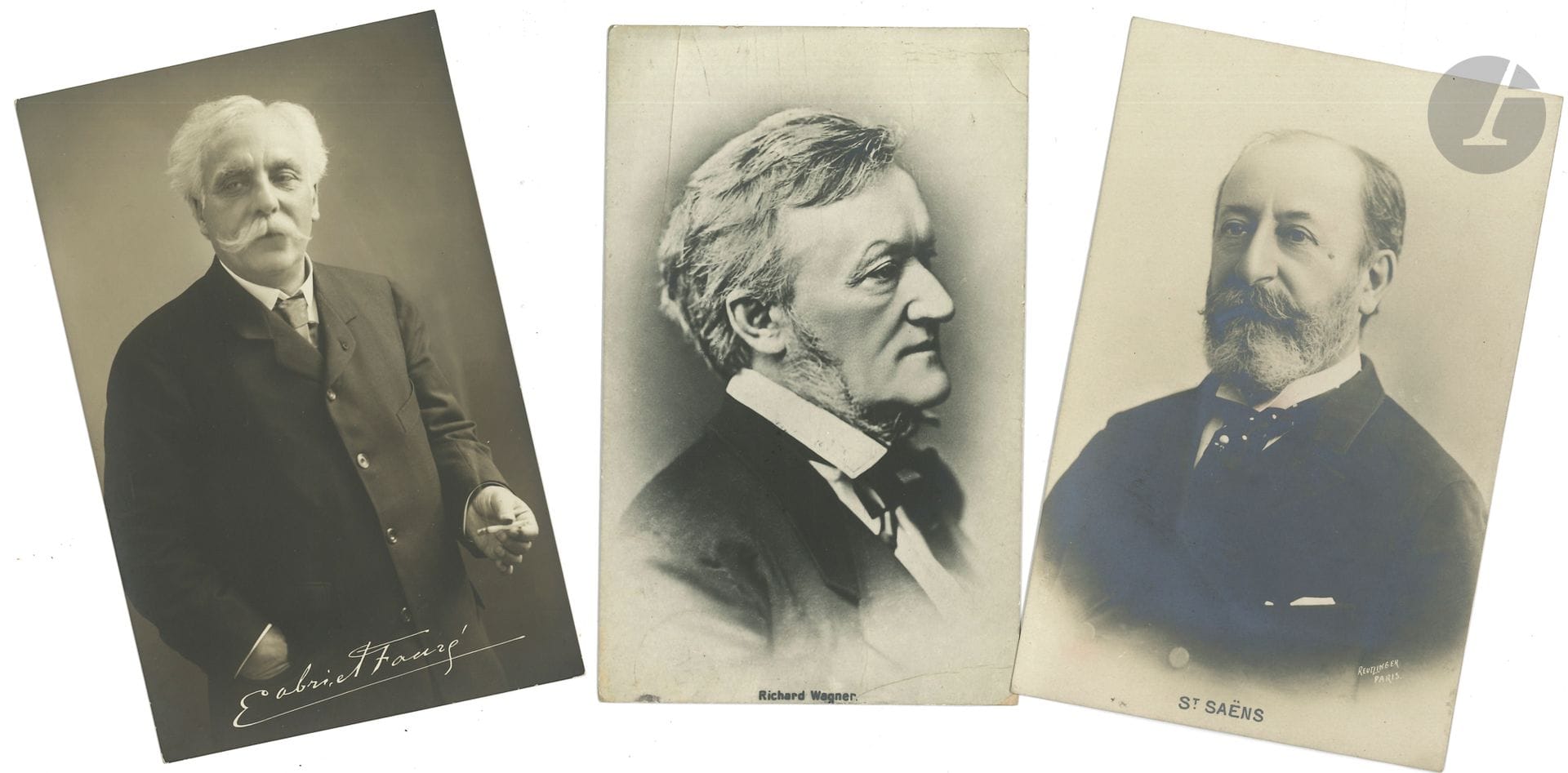 MUSIC. Around 80 photographs and portraits (mostly postcards) of composers.

Ad. Adam, Auber, Berlioz, Debussy (5), Fauré (4), Gounod (10), F. Halévy, Hérold, Liszt (8), V. Massé, Massenet (7), Offenbach, Poulenc, Puccini (3), Ravel (9), A. Roussel (4), Saint-Saëns (9), Verdi (5), R. Wagner (4), Siegfried Wagner... Plus 8 by Sacha Guitry and 8 by Tolstoy, plus a few others.