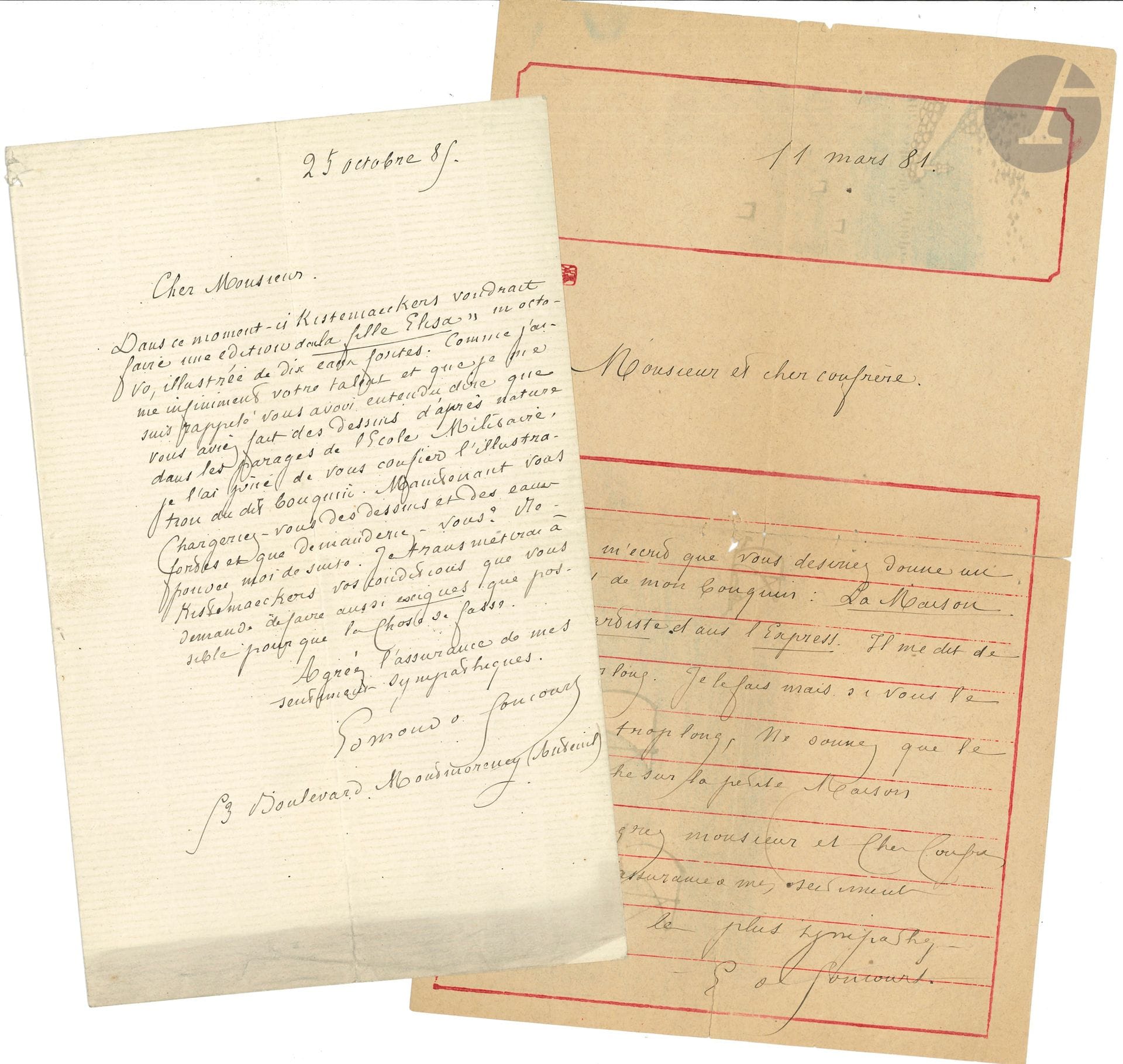 Edmond de GONCOURT (1822-1896). 2 L.A.S., Paris 1881-1885 ; 1 page petit in-4 (papier japonais, pli fendu) et 1 page in-8. 
On joint une petite l.a.s. de Jules de Goncourt, demandant de rétablir les apostrophes et les accents dans la feuille Louis XV enfant ; et une carte de visite a.s. d’Edmond à Edmond Cousturier (enveloppe), remerciant pour un article (1888).

11 mars 1881, à un confrère [Georges Lecomte ?]. « Céard m’écrit que vous désirez donner un extrait de mon bouquin : La Maison d’un artiste dans l’Express » ; si le texte est trop long, ne donner « que le paragraphe sur la petite Maison »…
25 octobre 1885, à un dessinateur. « Kistemaeckers voudrait faire une édition de la Fille Elisa en octobre, illustrée de dix eaux-fortes. Comme j’aime infiniment votre talent […] je l’ai prié de vous confier l’illustration de ce bouquin » ; il lui demande ses conditions « aussi exigues que possible »…
On joint une petite l.a.s. de Jules de Goncourt, demandant de rétablir les apostrophes et les accents dans la feuille Louis XV enfant ; et une carte de visite a.s. d’Edmond à Edmond Cousturier (enveloppe), remerciant pour un article (1888).