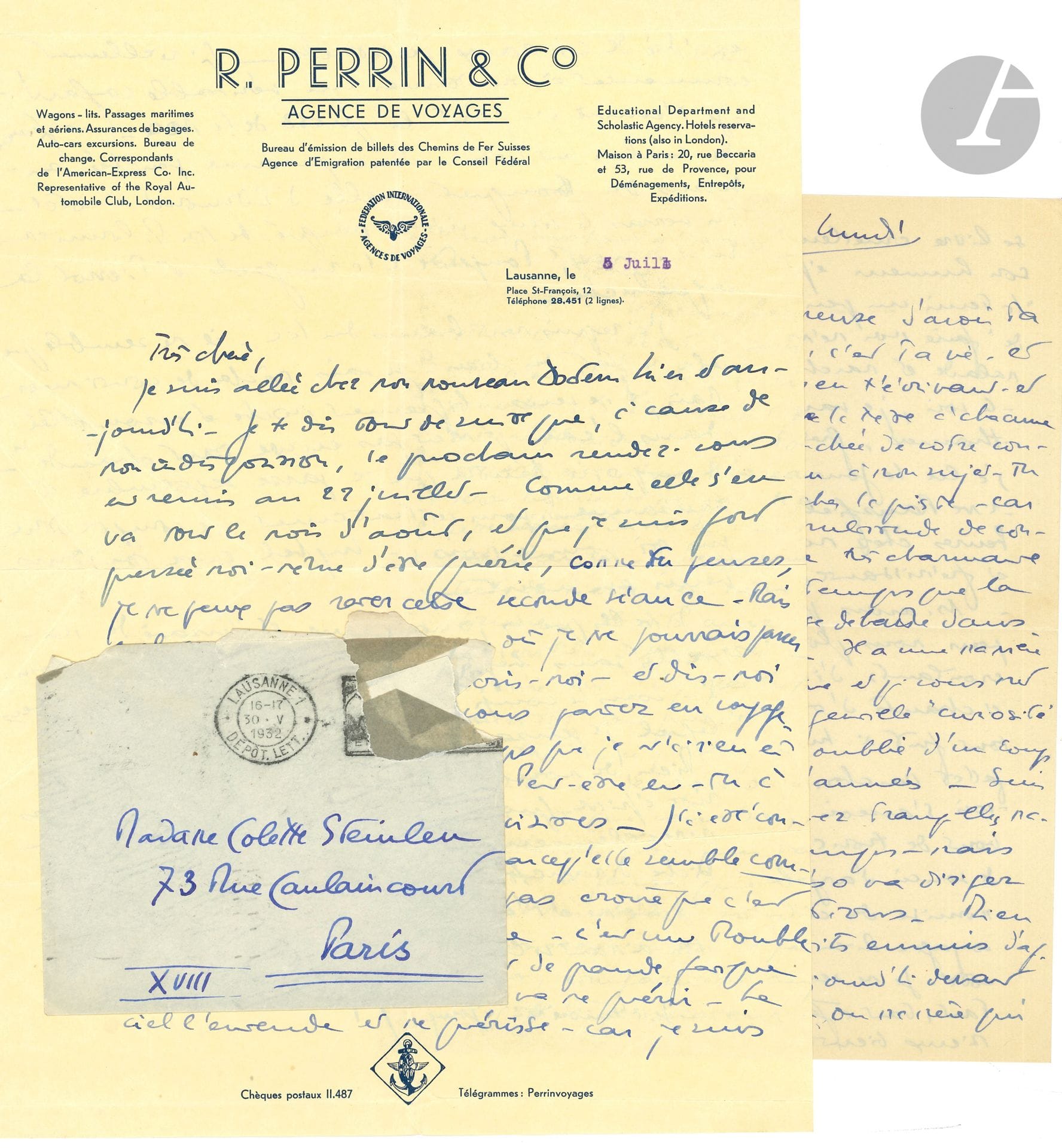 Germaine INGHELBECHT née PERRIN (1892- ?) third wife of conductor D.-E Inghelbrecht. Approx. 120 L.A.S. "P." or "Pilon", [1922-1932], to Colette Steinlen; approx. 250 pages in various formats, a few envelopes (some letters incomplete). 
Cross correspondence between Germaine Perrin, and her father R. Perrin in Lausanne, 1927-1928.

Abundant correspondence with Inghelbrecht's first wife.
[Germaine Perrin, nicknamed Pilon, was very close to Marguerite Steinlen, nicknamed "Biche", and to Colette Steinlen, the painter's daughter and Marguerite's cousin. She was also the third wife of Désiré-Émile Inghelbrecht (they married in 1941, a year before the remarriage of Colette Steinlen, Inghel's first wife, to Roger Désormière)].
Extensive correspondence between two great friends, mainly relating to their daily lives, friendships, loves, Inghelbrecht, Désormière, the painter Théophile-Alexandre Steinlen, Marguerite Steinlen, etc.
"Dear Madame, I'm taking advantage of my passage in front of a post office to write you a love letter... you are the most adorable friend in the world, everything I possess that is most precious, priceless. Good night, see you tomorrow" (May 18, 1924).
"Inghel is at the beach. We've had two very bad days. He reproached me for having 'changed', and for envisaging a future without him. He wanted me to tell him what I thought. To which I replied that I did indeed wish to have a free man in my life - and that I had never thought that we could remain linked eternally - hence his inner cataclysm - and all that follows - I'm really beginning, at last - to get fed up with his stubborn nature. It's unfortunate, but it's true. I've got a strange feeling inside me, as if I were moving towards something else, towards more space - it's curious - In any case, my torture with Inghel is over" (August 8, 1932).
His tender relationship with Marguerite Steinlen: "At Lonay: transparent, cold, slightly agitated water [...] found the poor, clenched little heart of my pitiful doe. Alas, alas... how I pity her. Deep down, I feel, as strongly as ever, this imperious need to have her all to myself. Solitude, rest, nothing is good for her, everything is despair. What can I do? If I see her too much, and with too much kindness, I hurt her. If I don't see her, I hurt her too. [...]. Your father doesn't seem so bad to me. (Friday, July 20).
Cross correspondence between Germaine Perrin, and her father R. Perrin in Lausanne, 1927-1928.
