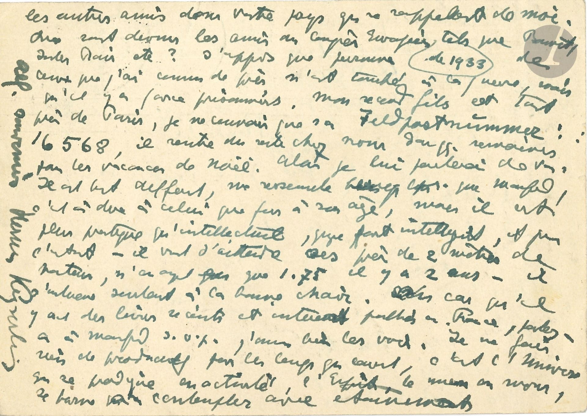 Hermann von KEYSERLING (1880-1946). L.A.S., 27 novembre 1940, à Mme Véra Bour ; 1 page et demie in-12 avec adresse (carte postale).

Il apprend que Paul Valéry « est rentré à Paris : transmettez lui s.v.p. mes affectueux souvenirs ainsi qu’à tous les autres amis dans votre pays qui se rappellent de moi. Que sont devenus les amis du Congrès Européen de 1938 ? […] J’apprends que personne de ceux que j’ai connus de près n’est tombé à la guerre, mais qu’il y a force prisonniers. » Il parle de ses fils, qui sont en France ; il aimerait bien voir les livres récents et intéressants publiés en France. « Je ne fais rien de productif par les temps qui courent, c’est l’Univers qui se prodigue en activité »…