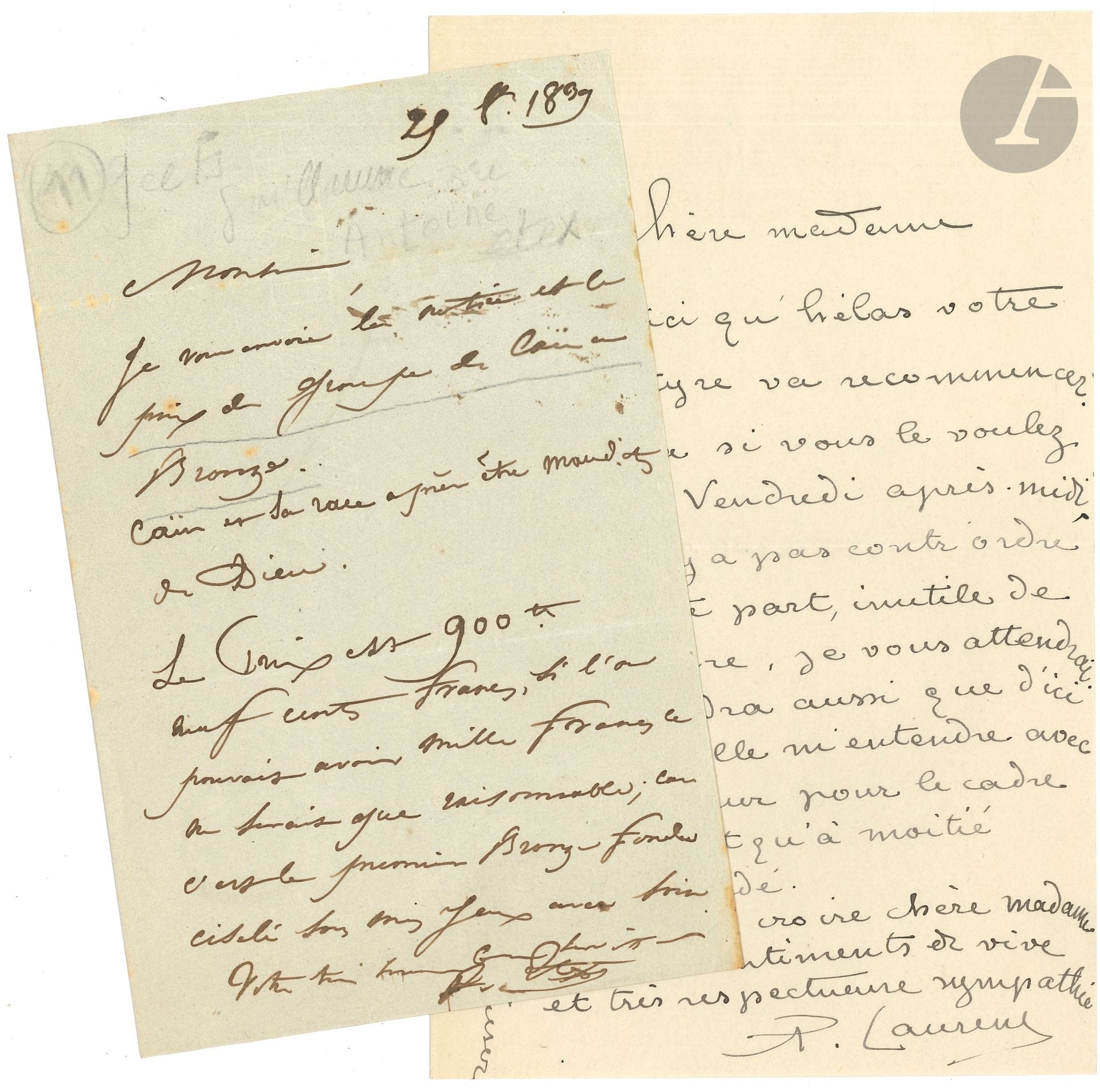 Antoine ÉTEX (1808-1888). L.A.S., 25 octobre 1839, à M. Soustras ; 1 page in-8, adresse. 
On joint 2 L.A.S. de Paul-Albert Laurens à une dame.

Sur son « groupe de Caïn en bronze […] le premier bronze fondu ciselé sous mes yeux avec soin »…
On joint 2 L.A.S. de Paul-Albert Laurens à une dame.