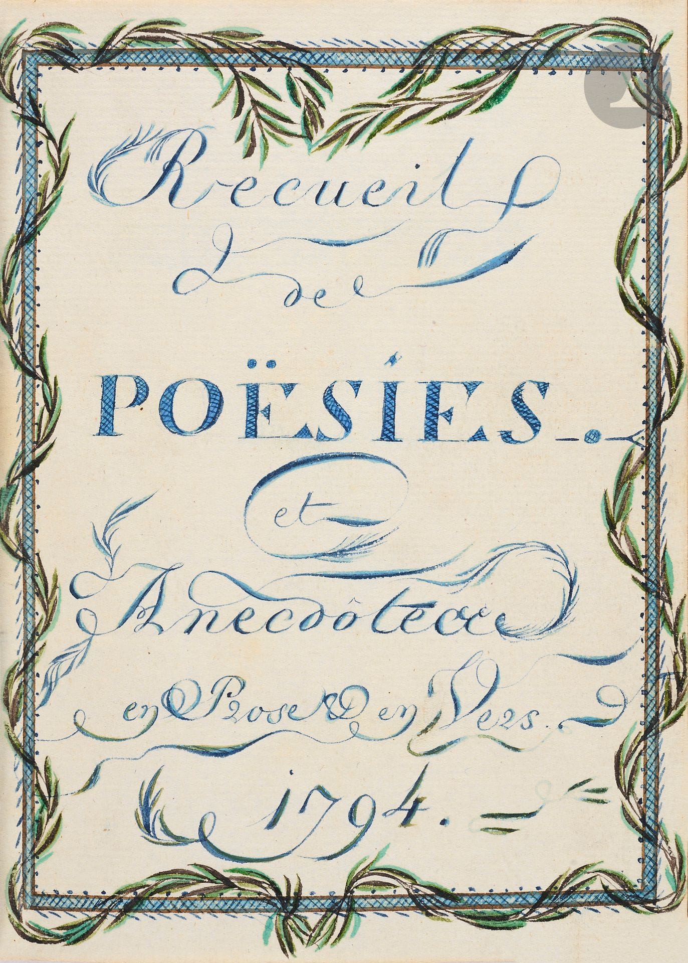 RECUEIL. Manuscrit, Recueil de Poësies et Anecdotes en prose & en vers, 1794 ; un vol. in-8 de 122 feuillets écrits recto-verso, rel. de l’époque veau glacé brun, cadre de filets et palmettes dorés sur les plats, dos lisse orné, tranches dorées.

Joli recueil avec titres ornés. La page de titre est ornée d’une bordure décorative. Les textes sont fort bien calligraphiés, avec des titres ornés et aquarellés. Le recueil a dû être établi par un (ou une) émigré(e), avec quelques poèmes en allemand. Quelques pièces dont allusion à la situation politique : Les Prisonniers François à Portsmouth, Mot du Prince de Galles, sur le Citoÿen Égalité cy-devant Duc d’Orléans, Épigramme sur la belle Liberté française, autre épigramme sur Le Mariage de Figaro, etc.