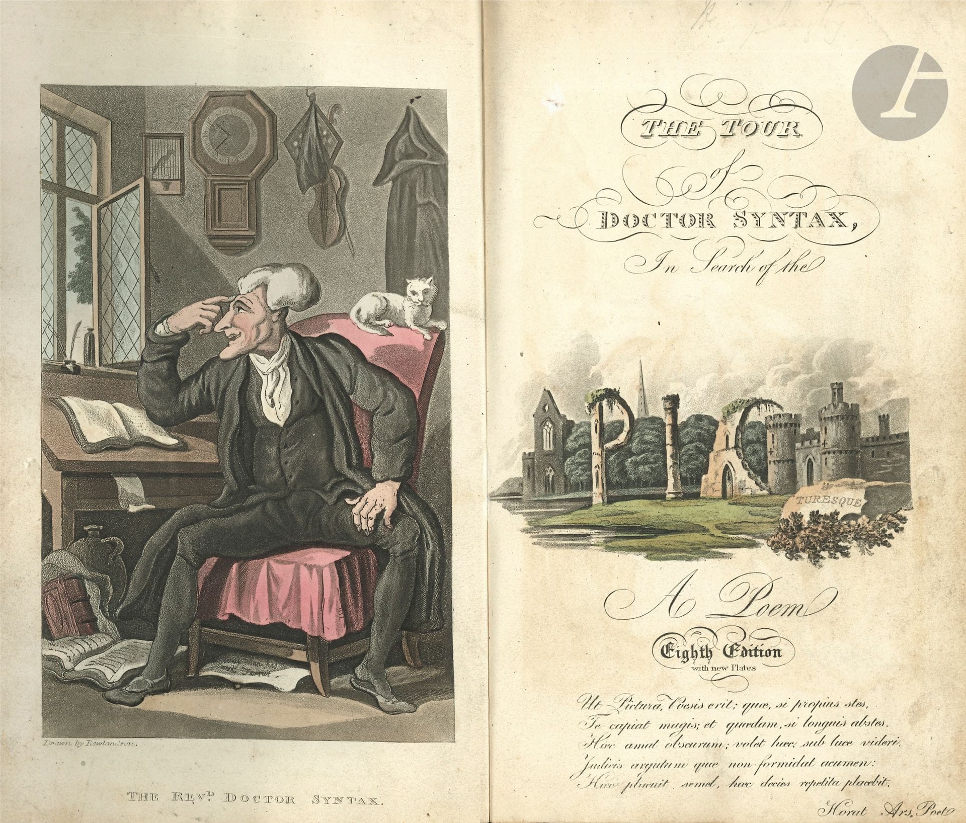 William COMBE (1742-1823). The Tour of Doctor Syntax in search of the Picturesque. A Poem. Eighth Edition with new plates [London, R. Ackermann, 1819]; in-8, demi-chagrin noir à coins (reliure usagée).

29 planches en couleur, dessinées et gravées par Thomas Rowlandson, plusieurs planches portant la date de publication (1816 ou 1819) et le nom de l’éditeur : R. Ackermann’s Respository of Arts.