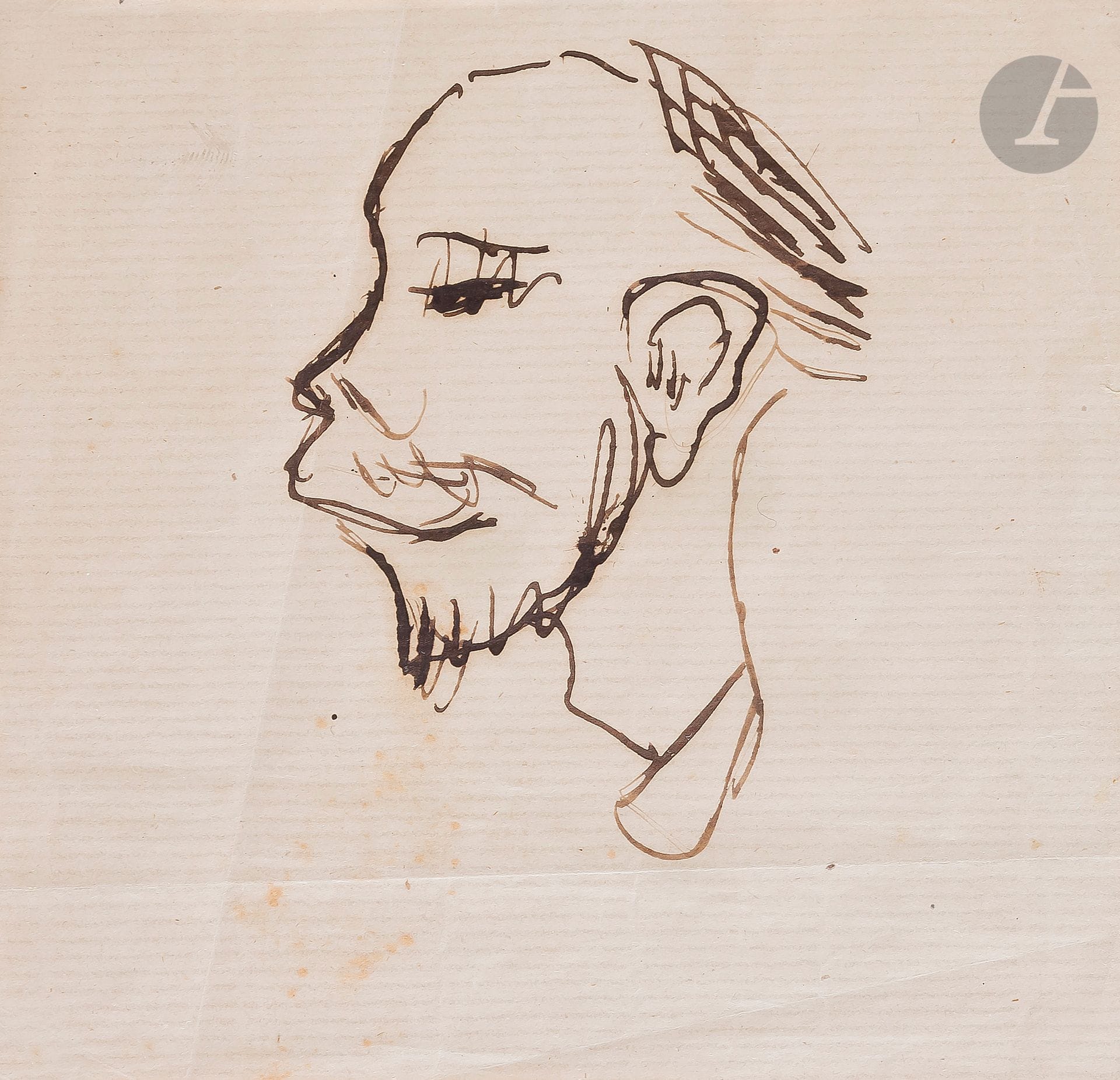 Paul VERLAINE (1844-1896). Dessin original à la plume ; 13 x 13,5 cm (encadré).

Autoportrait de profil, quelque peu caricatural.
Ancienne collection de Jacques Guérin (vente 20 mai 1992, n° 102).