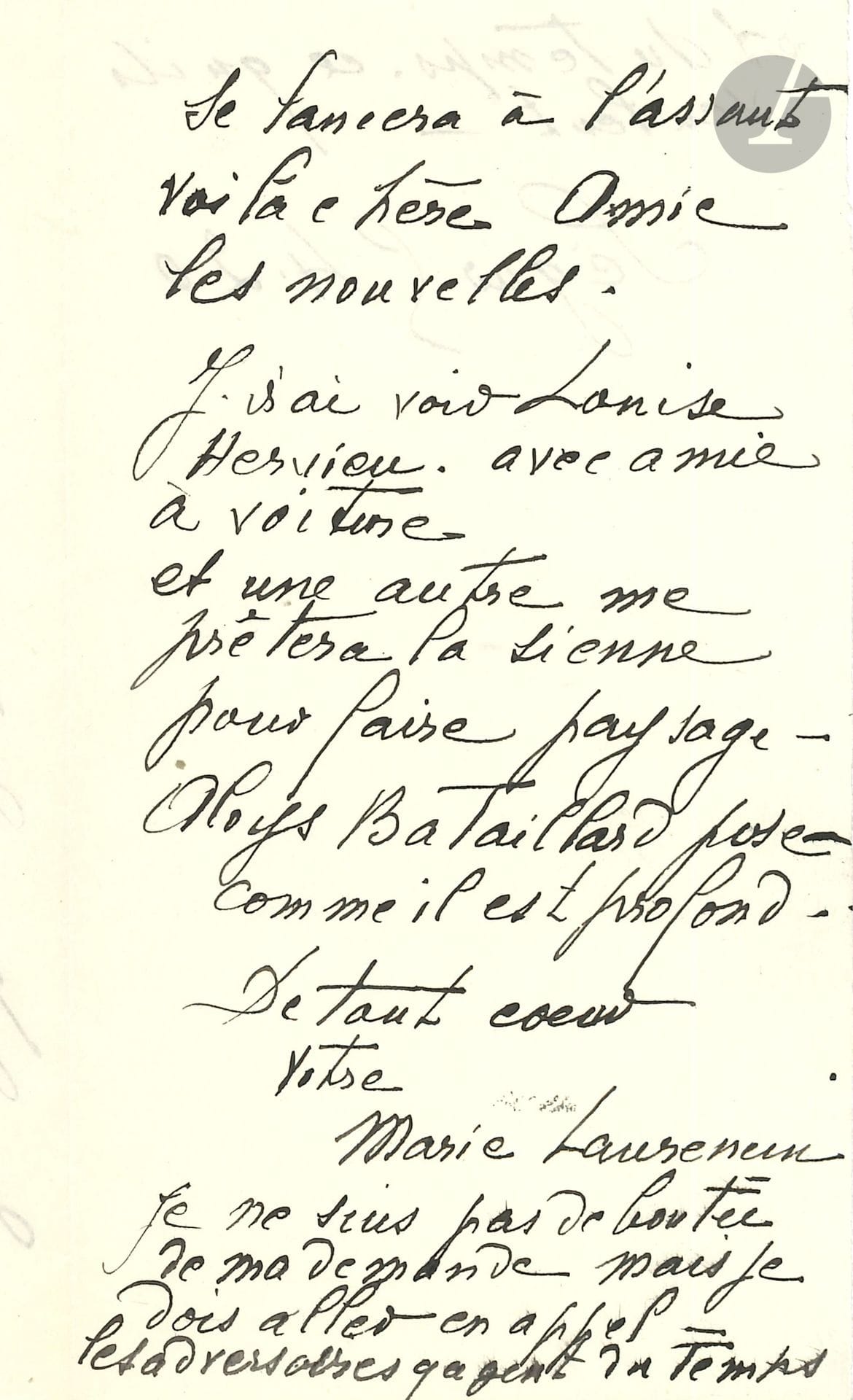 Marie LAURENCIN (1883-1956). L.A.S., July 25, 1953, to a friend; 2 pages and a quarter in-12.

On her lawsuit to recover the apartment from which she was evicted. [Evicted in 1944 from her apartment deemed too large for two people, she found refuge with Count Étienne de Beaumont until, in March 1955, after interminable legal proceedings, she won her case and was finally able to return home, where she died the following year]. "President Legendre sided with the adversaries - despite the fictitious exchange of Mme Moins the tenant to whom I rented in 1945. What's more, he denies the eviction of the Comte de Beaumont, who is within his rights since I have been sheltered since 1944. I believe that Frédéric-Dupont will launch an assault in the autumn. [...] I'm going to see Louise Hervieu with a friend in a car, and another will lend me hers to scout the countryside [...] My request has not been rejected, but I have to appeal - the opponents are gaining time and time, whatever they want"...