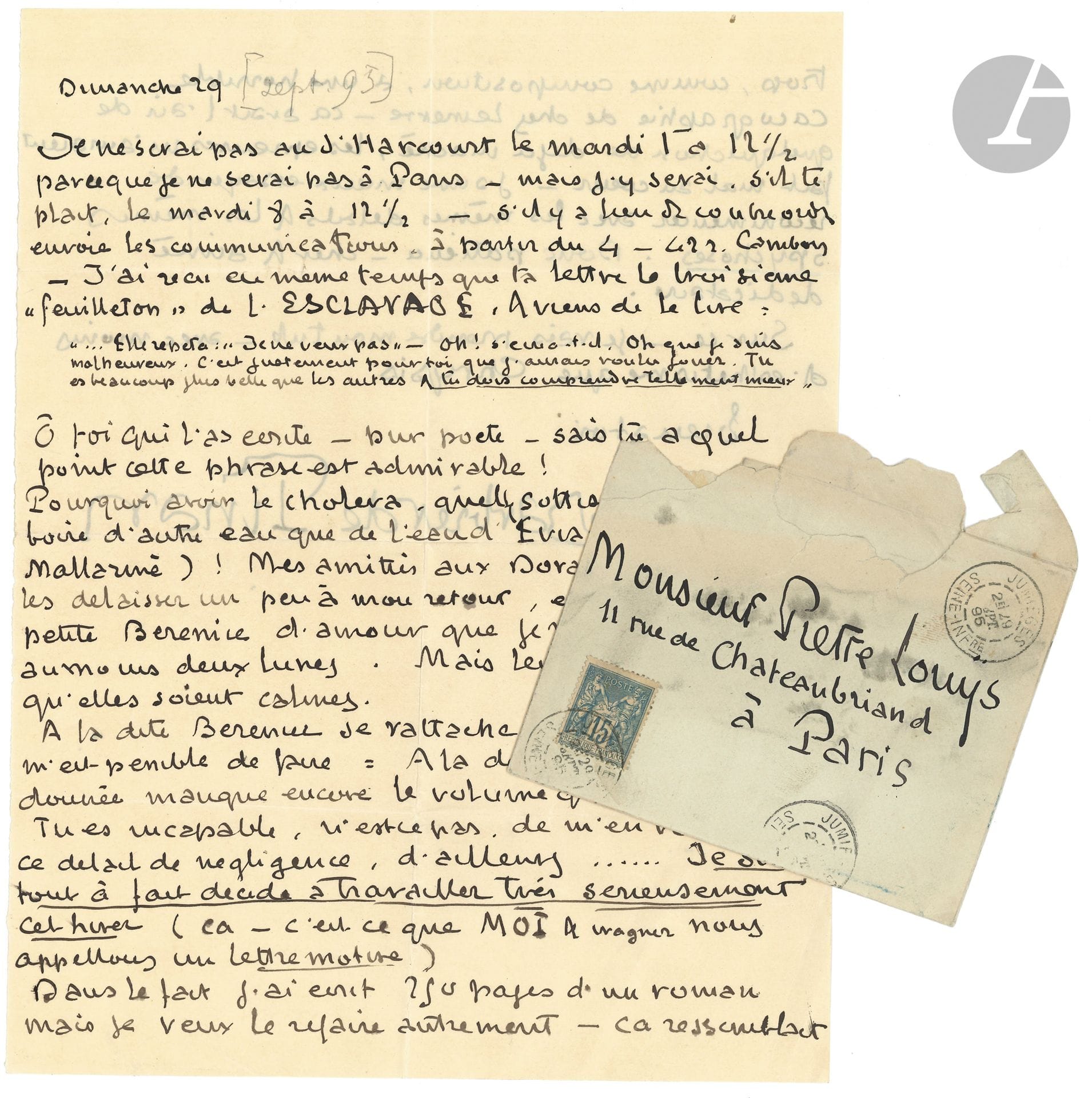 Jean de TINAN (1874-1898). 14 L.A.S., 1895-1898, à Pierre Louÿs ; 35 pages in-8 ou in-4, enveloppes.  
On joint 3 enveloppes dans lesquelles Louÿs avait classé (avec l’année marquée au crayon bleu) les lettres de Tinan.

Très belle correspondance, amicale et littéraire, à Pierre Louÿs, parlant aussi de leurs maîtresses.
1895. – 29 septembre. Il vient de lire la 3e livraison de L’Esclavage de Louÿs, et dit son admiration au « pur poète »… Il ajoute : « Pourquoi avoir le choléra, quelle sottise – pourquoi boire d’autre eau que de l’eau d’Évian (selon Monsieur Mallarmé) ! » Il est « muni d’une petite Bérénice d’amour que je vais adorer pendant au moins deux lunes. […] À la dédicace que je t’ai donnée manque encore le volume qu’elle ornerait. Tu es incapable, n’est-ce pas, de m’en vouloir de ce détail de négligence, d’ailleurs... Je suis tout à fait décidé à travailler très sérieusement cet hiver (ça – c’est ce que MOI et Wagner nous appelons un lettre-motive). Dans le fait j’ai écrit 250 pages d’un roman [L’Insatisfait] mais je veux le refaire autrement – ça ressemblait trop, comme composition, à une horrible cacographie de chez Lemerre – ça avait l’air de quelque chose de déjà mâché, les épreuves m’auraient fait mal au cœur – j’aime mieux essayer de recommencer avec les mêmes détails et les mêmes spsychoses. Donc patience – cher et aimé dédicataire »... – Mardi [3 décembre]. Dispute avec André Lebey (au sujet d’une femme) : « Je suis persuadé qu’il ne s’est pas plus rendu compte de sa mauvaise foi et de son insupportable conduite de tout à l’heure qu’il ne s’était rendu compte de l’étrangeté de son attitude d’hier soir – mais comme je l’aime beaucoup trop pour que ces choses-là ne me fassent pas beaucoup souffrir, je préfère, en ne conservant avec lui que des relations de rencontre, éviter que d’autres aigreurs et d’autres froissements ne viennent ternir le souvenir qu’il me plaît de conserver meilleur d’un des êtres que j’ai certainement le plus aimés. Je te demande pardon de t’ennuyer de mes chagrins, mais j’en ai vraiment trop gros sur le cœur pour ne pas le dire à quelqu’un »…
1896. – 10 février. Au sujet de la revue Le Centaure. « Nous avons fondé une revue de jeunes gens à rédaction fermée, puis, désireux de compter parmi nous deux amis dont le caractère et le talent nous étaient particulièrement sympathiques nous les avons priés de se joindre à nous. Aujourd’hui on songe à en prier un troisième [Viélé-Griffin]. Je ne suis pas d’avis qu’il faille le faire. Deux choses sont je crois néfastes à des littérateurs qui débutent : la politesse et la faiblesse. L’exemple de nos aînés nous enseigne que c’est seulement par une intransigeance très active que nous pourrons obtenir un résultat. Je suis persuadé que c’est par des compromissions sans plus d’importance apparente que celle que l’on nous propose qu’ils ont manqué à tirer tout le parti qu’il fallait des admirables dons que nous aimons chez plusieurs d’entre eux. Je crois que nous sommes tous les quatre : Albert Lebey toi et moi d’accord sur ce point : nous n’aimons pas le talent de Francis Vielé-Griffin. Que ce soit une question d’Esthétique générale ou d’exécution et de genre de talent personnelles peu importe. C’est un fait. […] Nous sommes amis tous (ou presque) à la revue, tant mieux ; mais en collaboration les amis de nos amis ne sont pas nos amis »… – Montigny sur Loing 26 février. Il l’invite à le rejoindre : « (Amène Chrysis pour chauffer ton lit.) Nota bene. […] Mon collage prenant fin lundi ou mardi tu me serais très utile (sinon pour chauffer mon lit) au moins pour m’empêcher de m’emmerder dans la journée. – Belles promenades ! Paysages grandioses ! Prix modérés ! Matelottes et fritures ! Vins à discrétion ! […] Je fais du d’Annunzio plus d’Annunzio que Nature. J’ai achevé hier soir un chapitre “Pourquoi m’as-tu aimée ?” qui est tout à fait pur. Je fonde à moi tout seul le NéoAnnunziorisme. Il a plagié Péladan ! Je plagierai Jules Bois ! Blague à part mon roman [Penses-tu réussir !] est incontestablement une des deux ou trois œuvres vraiment humaines intenses et vibrantes qui aient été écrites depuis vingt-cinq siècles. Une langue particulièrement riche souple et sensuellement nuancée met dans tout leur relief les nobles et belles pensées les géniales images qui coulent blenhorragiquement de ma plume. Je peux dès à présent me considérer comme le maître incontestable et incontesté du roman contemporain et l’on est en droit d’espérer plus que du génie de celui qui si jeune a su effleurer de son aile puissante les cimes les plus neigeuses de la sensibilité et de la pensée humaine »... – Samedi [29 février]. « Jeanne m’a quitté plus tôt que je ne pensais sans faire à ma générosité l’appel auquel je m’attendais. – J’avais à choisir entre mon amour.r.r.r. qui me disait “retiens-la” et ma bourse qui soufflait : “Elle t’a dit : je voudrais bien rester, mais tu comprends, je dois plus de deux cents francs”. J’ai cru de mon devoir de ne pas entraver la l