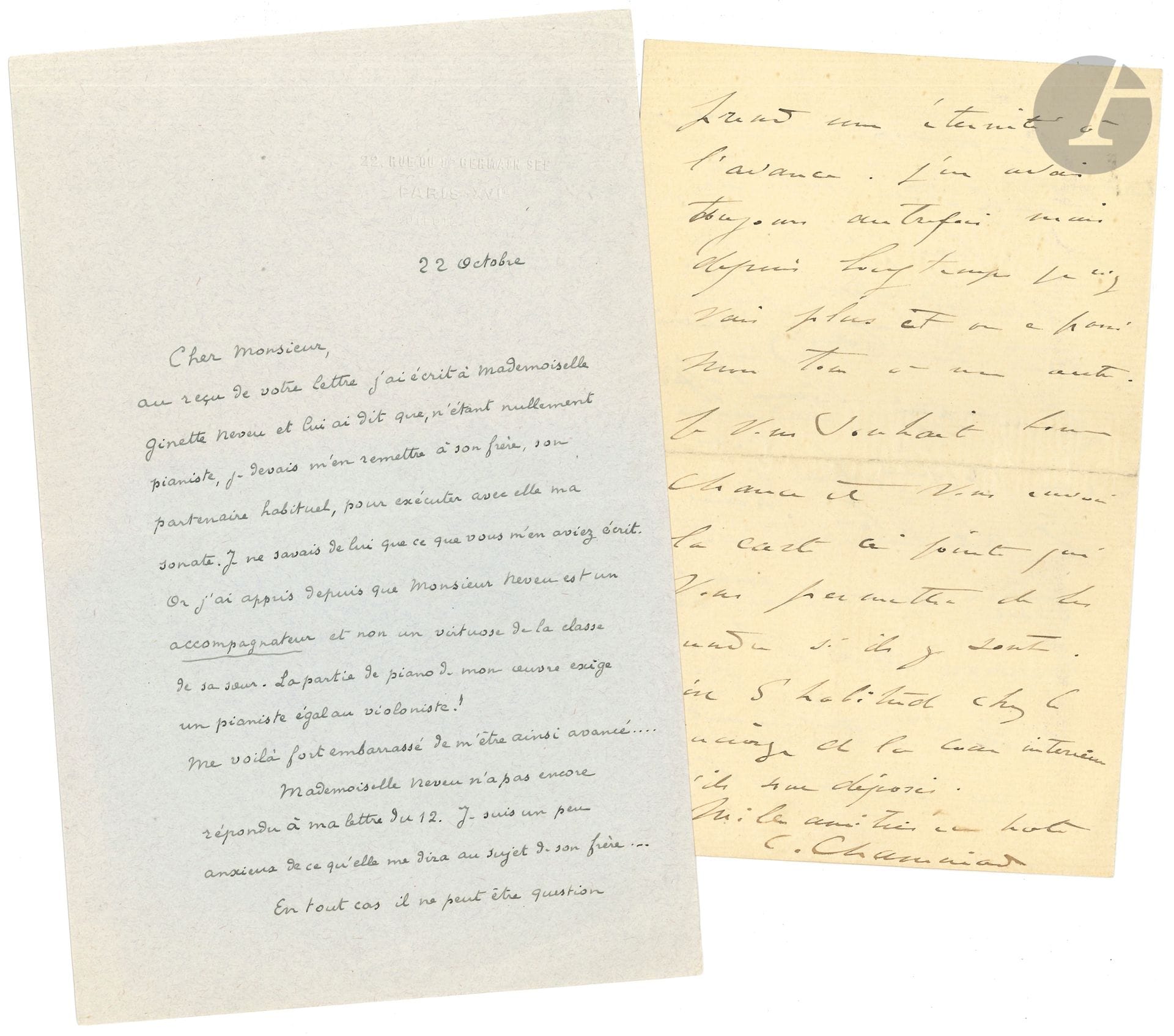 MUSIQUE. 10 L.A.S.

Edmond Audran (1852), Pierre de Bréville (concernant Ginette Neveu et son frère), Cécile Chaminade (2 à sa chère Alice, sur les concours du Conservatoire et un concert qu’elle va donner « pour la ligue de protection des animaux »), Reynaldo Hahn (2 cartes à Blanche Marchesi), Victorin Joncières (au marquis de Castrone, 1894), Henri Marteau (sur sa tournée en Scandinavie), Gustave Roger, Sigismund Thalberg (à M. Masset, au sujet d’un concert).