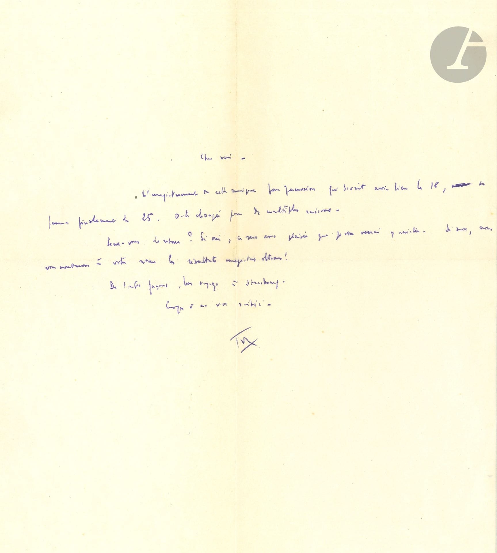 Pierre BOULEZ (1925-2016). L.A.S. à un ami musicien ; demi-page in-4

« L’enregistrement de cette musique pour percussion qui devait avoir lieu le 18, se passera finalement le 25. Date changée pour de multiples raisons. Serez-vous de retour ? Si oui, ce sera avec plaisir que je vous verrai y assister. Si non, nous vous montrerons à votre retour les résultats enregistrés obtenus ! »…