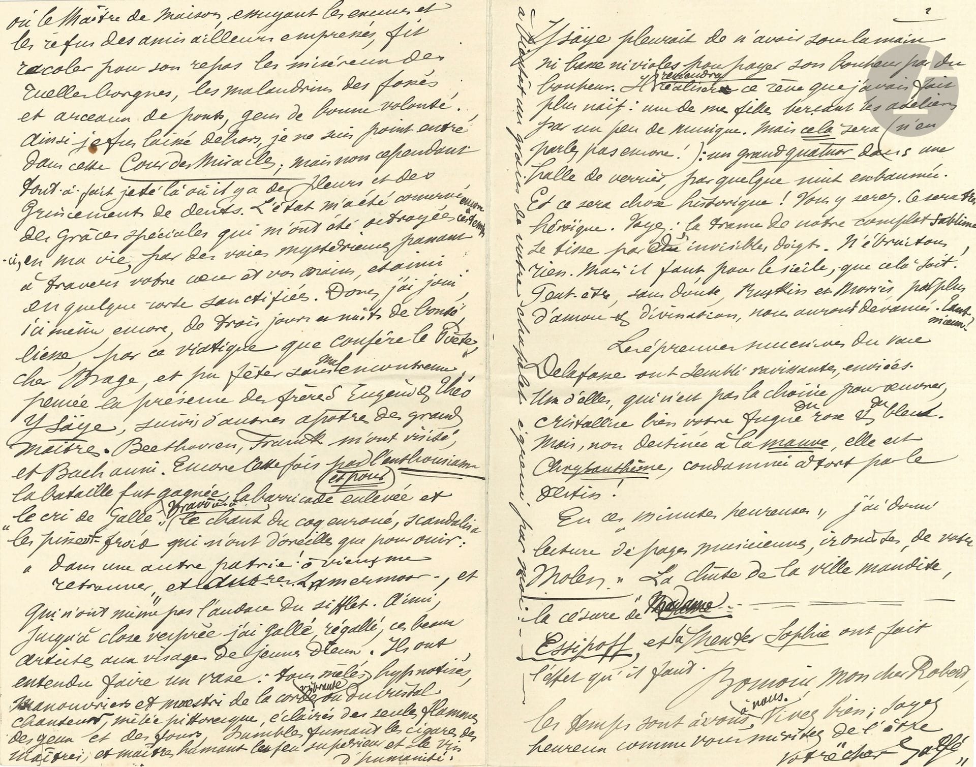 Émile GALLÉ. L.A.S., [fin 1895], à Robert de Montesquiou ; 5 pages in-8 (onglet).

Belle lettre poétique de reconnaissance émue à son ami et bienfaiteur, auteur de l’article « Cette petite clef-ci », évocation de la visite d l’atelier de Gallé sous forme de reprise du conte de Barbe-Bleue, publié dans La Plume du 1er novembre 1895.
Il dit son émotion : « aucun geste, aucun acte, aucun signe, voire secret, de votre angélique fraternité n’est restée inaperçu, mais profondément ressenti, savouré, présenté en offrande intérieure à qui nous recevons le pain quotidien et tout le miel surérogatoire… ; les attitudes de bénédiction de mon âme ont été son intime pause, et posées sur votre bonté, durant mon voyage et mon revenez-y bienheureux, au pays des purs cygnes, les blancs et les noirs, le féerique domaine, vôtre par droit de plumage et candeur et d’ébène aussi, par votre droit de conquête sans rival »… Etc. Il évoque ensuite un réveillon chez les Hugo, et la musique jouée par les frères Eugène et Théo Ysaÿe : « Beethoven, Franck m’ont visité, et Bach aussi. […] Ainsi, jusqu’à close vesprèe j’ai gallé, régallé, ces beaux artistes aux visages de jeunes dieux. Ils ont entendu faire un vase : tons mêlés, hypnotisés, manouvriers et maestri de la corde vibrante et du cristal chanteur, mêlée pittoresque, éclairés des seuls flammes des yeux et des fours »… Il rêve de faire revenir Ysaÿe : « un grand quatuor dans une halle de verrier, par quelque nuit embaumée. Et ce sera chose historique ! »… Il parle encore du « vase Delafosse »… Etc.