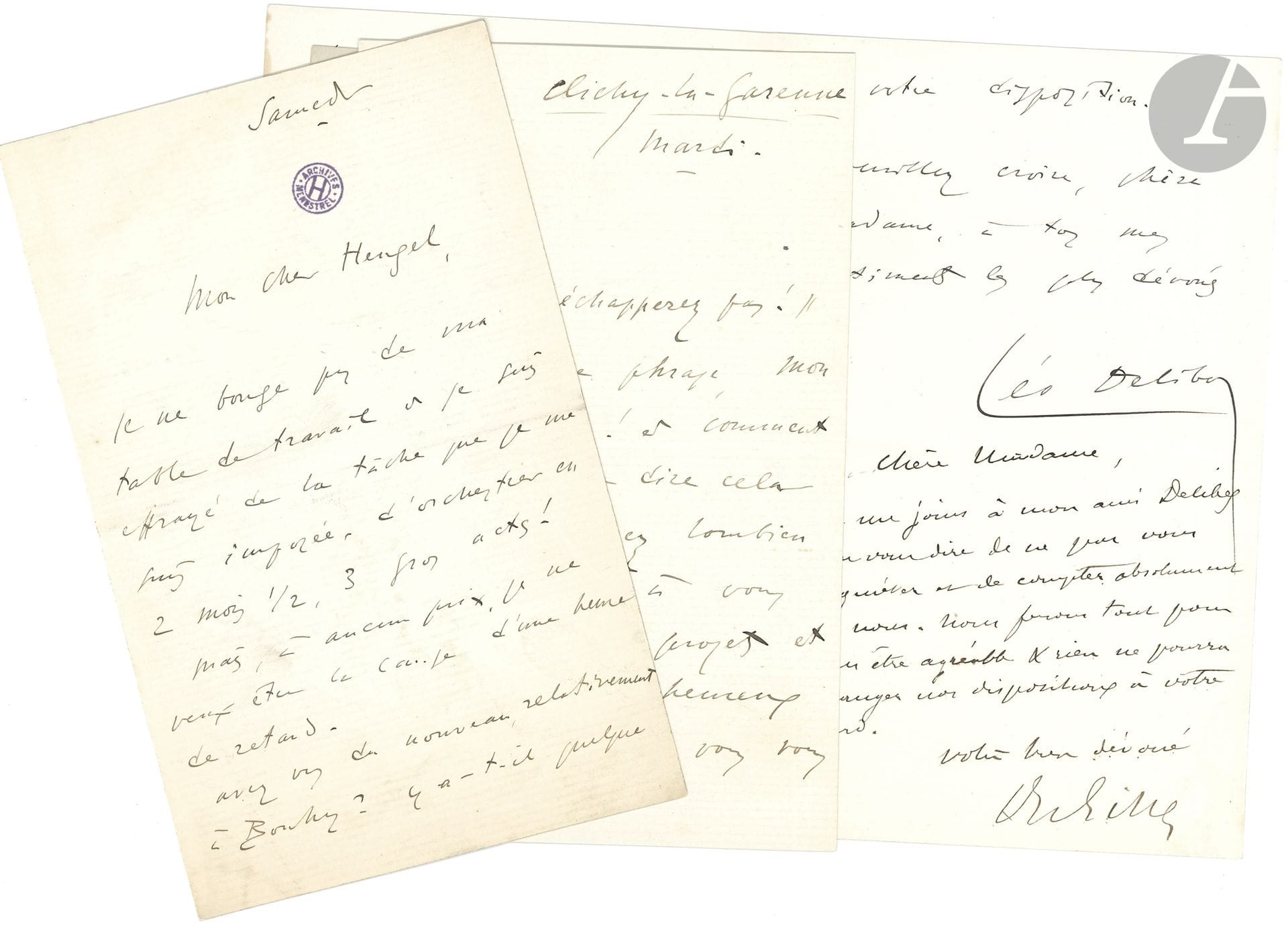 Léo DELIBES (1836-1931). 5 L.A.S., [1876-1879 et s.d.], à divers ; 17 pages in-8 ou in-12.

Sur son ballet Sylvia et ses opéras.
Clichy-la-Garenne [1876 ?], au librettiste Jules Barbier, après un mouvement d’humeur… « au commencement de la semaine prochaine je m’entendrai avec Reinach pour venir vous demander l’hospitalité et j’espère en même temps pouvoir vous jouer une bonne partie de notre dernier acte [Sylvia ?] »… – Samedi [1876 ?], à l’éditeur Henri Heugel, au sujet de son ballet Sylvia ou la Nymphe de Diane. Il ne bouge pas de sa table de travail et est « effrayé de la tâche que je me suis imposée, d’orchestrer en 2 mois ½, 3 gros actes ! Mais, à aucun prix, je ne veux être la cause d’une heure de retard »... Le lendemain a lieu la double audition de Lauwers et de Mlle Fauvelle, « à laquelle on songe pour le rôle de Diane […] Votre opinion aurait un grand poids sur la mienne, toujours si indécise ; et il s’agit là d’une question capitale !»...
Paris 3 février [1879], à son ami viennois Felix, lui demandant des nouvelles de Vienne, et le priant de retirer Le Roi l’a dit des « ruines du Komische Oper » pour le porter à l’Opéra. « Je me suis remis ferme à Jean de Nivelle qui sera définitivement logé à l’Opéra-Comique et que j’espère donner avant la fin de l’exposition, vers l’automne »… Il évoque le gros succès du Petit Duc : « au point de vue artistique et purement musical je dois détester ça […] A-t-on joué chez vous le Rheingold ? Voilà qui est sérieux à la bonne heure »… – Saint-Germain 23 septembre [1879], à la cantatrice Juliette Bilbaut-Vauchelet, au sujet de son rôle dans Jean de Nivelle, avec post-scriptum du librettiste Philippe Gille (photographie dédicacée de la chanteuse jointe). – [1879, à Henri Heugel ?], au sujet de Jean de Nivelle et la distribution dont il a parlé avec Carvalho, Ph. Gille et Gondinet…