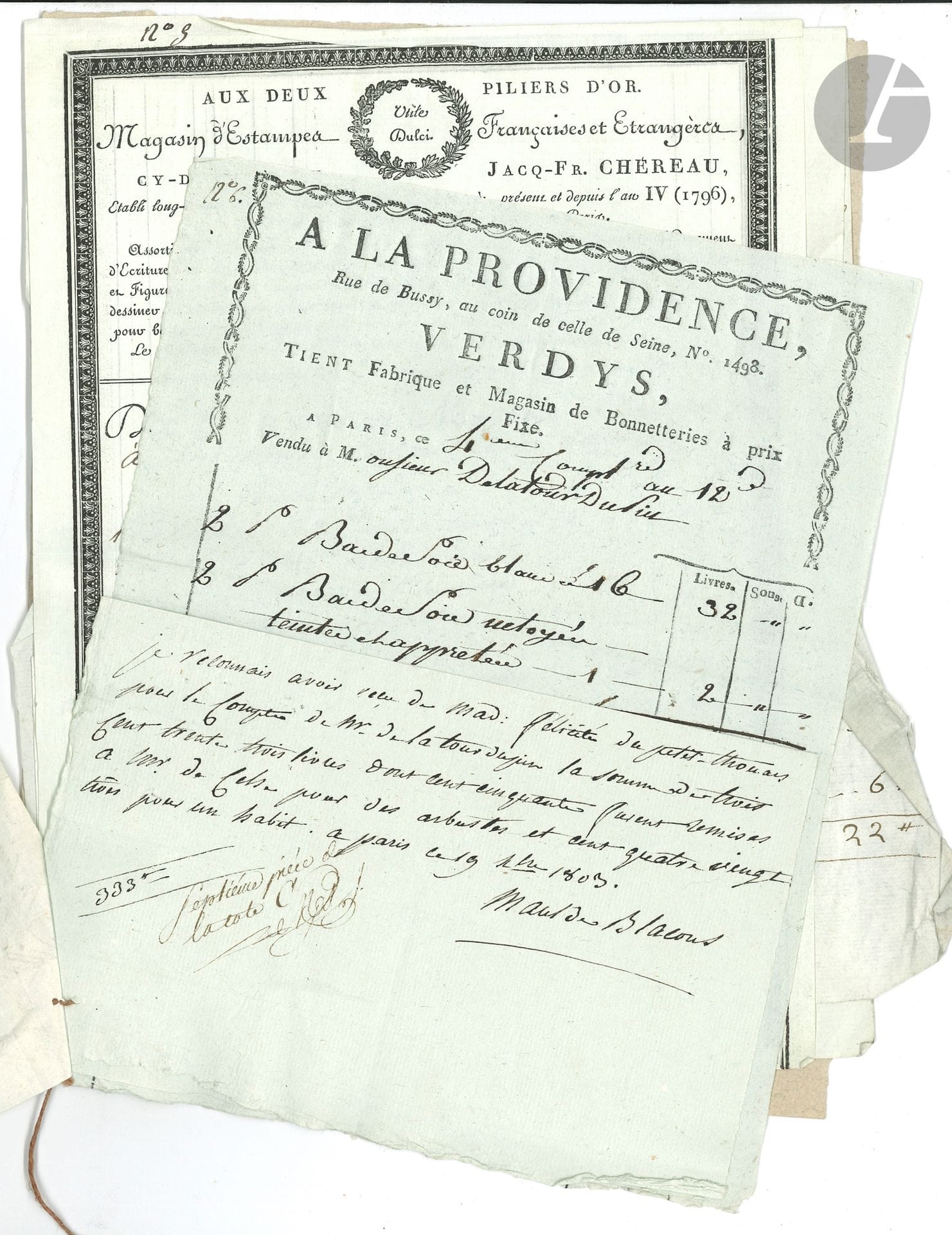 [Famille de SADE]. Liasse de 8 factures au nom de M. de La Tour du Pin et de Mme de Sade ; ans X-XII (1801-1804) ; en-tête imprimés. 
On joint 2 factures, d’avril-juin 1844, pour l’achat de meubles.

Achats d’arbustes, bas, robes, modes, livres et papier…
On joint 2 factures, d’avril-juin 1844, pour l’achat de meubles.