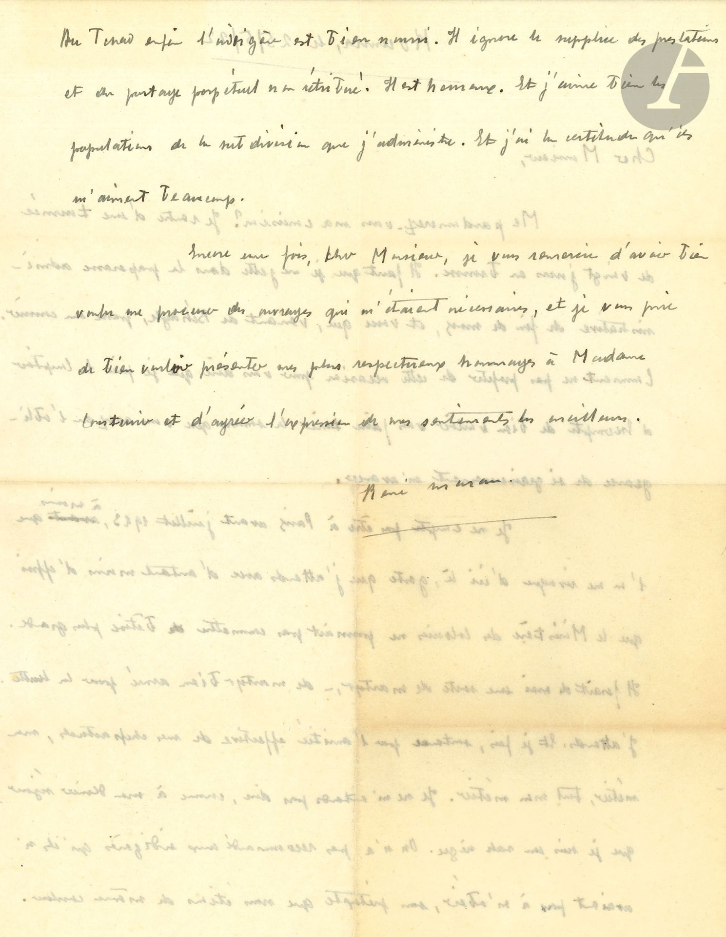 René MARAN (1887-1960).  3 L.A.S., Koumia et Paris, 1922-1935, à Edmond Cousturier ; 3 pages et demie in-4, 2 enveloppes.

Koumia 25 mai 1922. Il rentre de vingt jours en brousse et fait envoyer la somme que Cousturier lui a avancée. Il ne compte pas rentrer en France avant juillet 1923 car le Ministère des Colonies ne va pas le révoquer : « Il ferait de moi un martyr – un martyr bien armé pour la lutte. […] Je ne m’entends pas dire, comme à mon dernier séjour, que je suis un sale nègre. On n’a pas recommandé aux indigènes qu’ils n’avaient pas à m’obéir, sous prétexte que nous étions de même couleur »…
Paris 6 juillet1925. Après la mort de Lucie Cousturier, à laquelle il a consacré un article : « J’ai essayé d’y mettre tout ce que je croyais avoir deviné d’elle, et toute l’affectueuse et respectueuse admiration que j’avais pour son talent grand et divers »…
Paris 9 juin 1935.  « Vous trouverez dans le numéro de Vendémiaire du 12, à la rubrique “La France Extérieure” que je dirige, l’article que je vous remercie de m’avoir fait l’honneur de me demander »…
