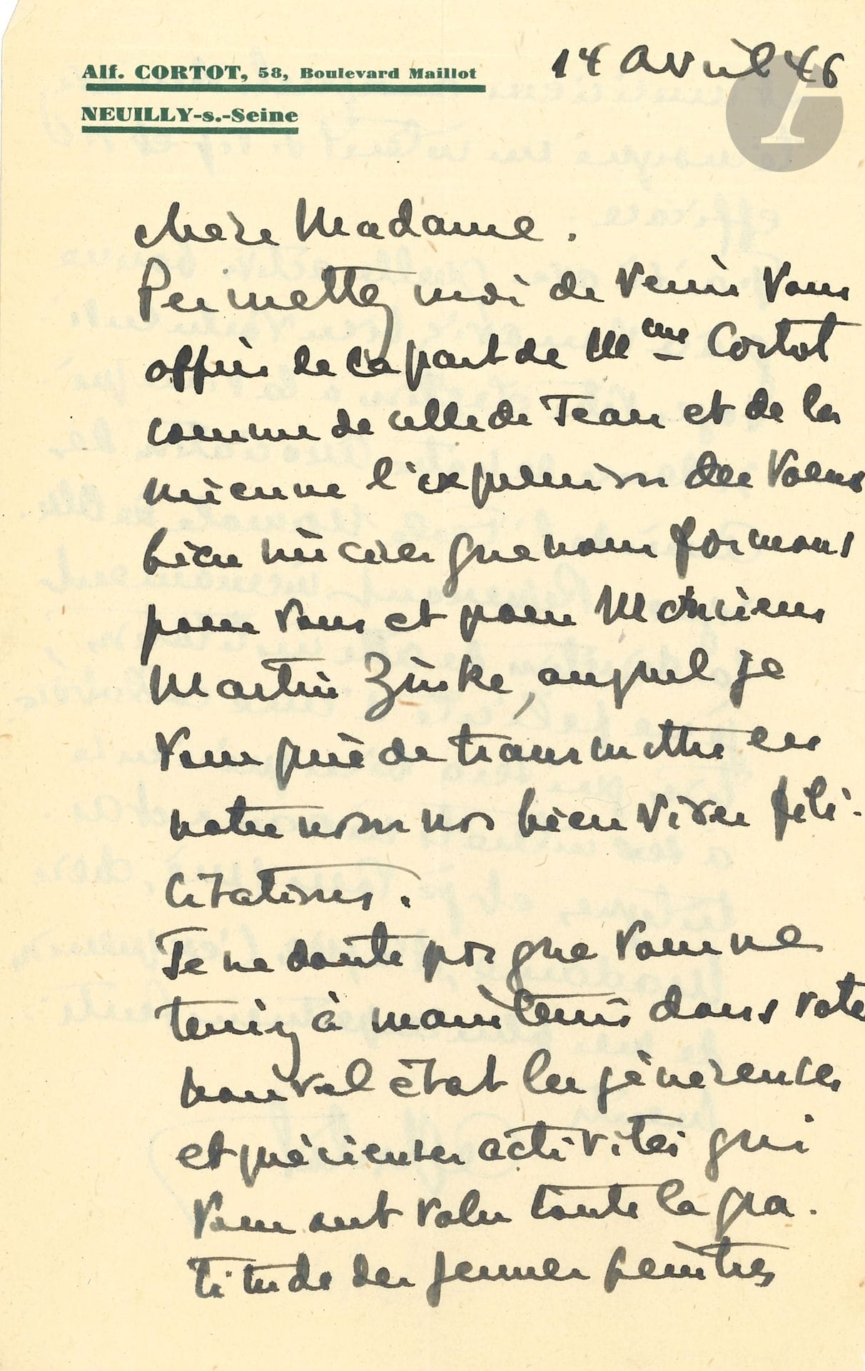 Alfred CORTOT (1877-1962). L.A.S., 1er avril 1946, [à Virginie Zinke-Bianchini] ; 2 pages in-8, à son en-tête et adresse 58 Boulevard Maillot à Neuilly.

Il adresse de sa part et de celle de Mme Cortot, à sa correspondante et à M. Martin Zinke toutes leurs bien vives félicitations. « Je ne doute pas que vous ne teniez à maintenir dans votre nouvel état les généreuses et précieuses activités qui vous ont valu toute la gratitude des jeunes peintres et musiciens auxquels vous avez témoigné un intérêt si vif et si efficace ». Il se réjouit d’autant plus qu’elle ait accepté de bonne grâce « la vice-présidence de notre association des Amis de l’École Normale de Musique », car il en reprend bientôt la direction : « Je me félicite d’une collaboration qui sera bien précieuse à ses intérêts moraux et artistiques »…