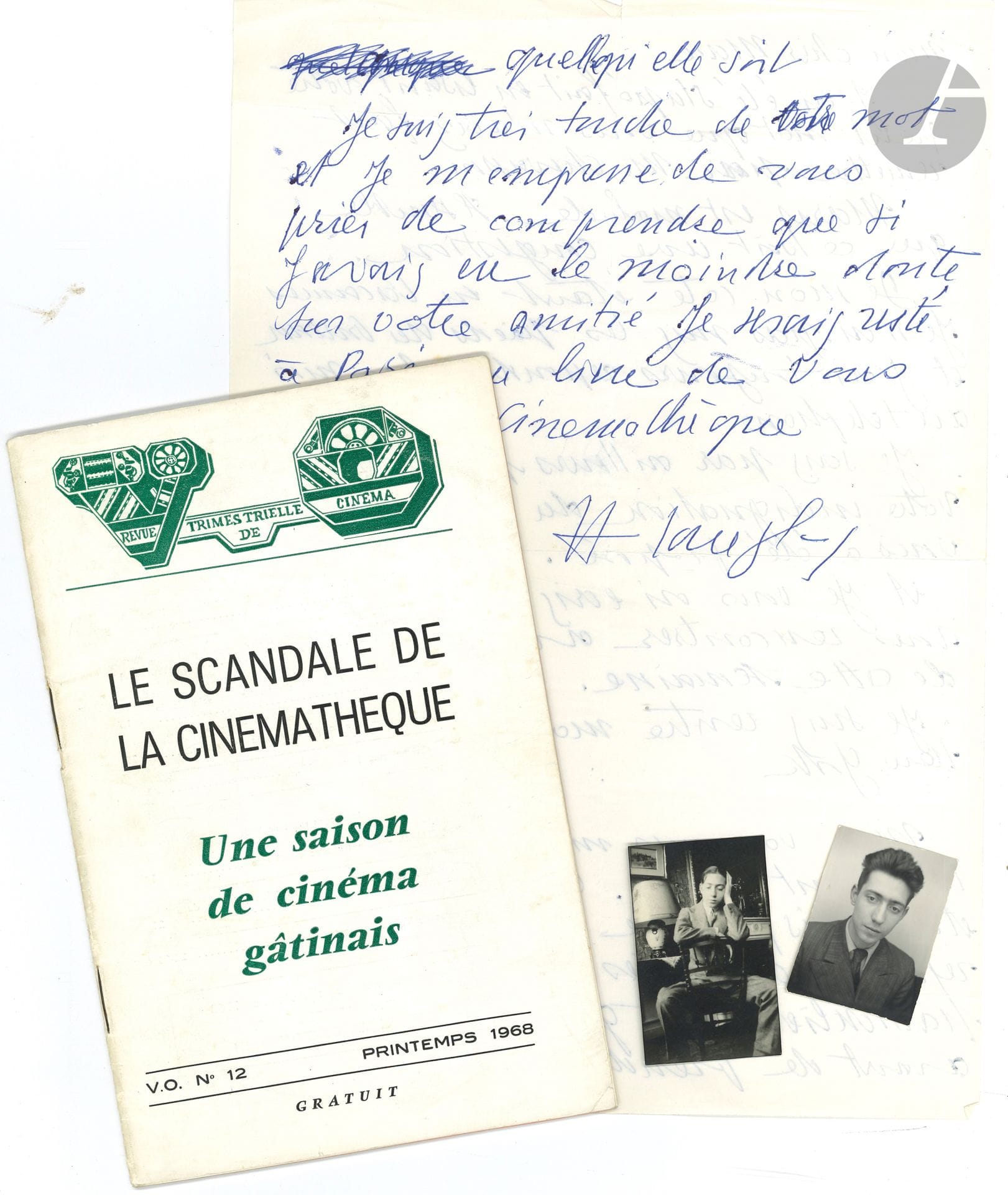 Henri LANGLOIS (1914-1977). L.A.S. et L.S., [fin 1967 ?] et 6 juin 1976, à Marc Allégret ; 2 pages et demie in-4.
On joint 3 lettres adressées à Marc Allégret

Langlois rentre de New-York et sait « votre indignation du marché qui vous a été proposé […] Il me faut réfléchir, dans les circonstances particulièrement graves d’aujourd’hui avant de prendre une décision. […] Si j’avais eu le moindre doute sur votre amitié je serais resté à Paris au lieu de vous confier la cinémathèque ». [Avant sa mise à l’écart définitive le 9 février 1968, Henri Langlois, en voyage, avait laissé sa place au vice-président Marc Allégret, qui sera aussi évincé]. La lettre dactyl. de 1976, le convoque pour les Assemblées générales ordinaires.
On joint 3 lettres adressées à Marc Allégret : 1964, l.s. de Léon Mathot lui déléguant ses pouvoirs de président ; 25/11/67, l.a.s. d’Ant. Bertrand, au nom de Malraux, proposant le nom de Skimasi pour le conseil d’administration de la Cinémathèque ; 25 mai 1970, l.s. de Jérôme Medrano, proposant de faire un film sur le cirque familial ; un ensemble de photographies de famille ayant servi pour l’illustration du livre de G. P. Langlois et G. Myrent sur Henri Langlois ; une revue in-8 de la Cinémathèque du gâtinais sur Le Scandale de la cinémathèque (printemps 1968) et une carte de citoyen d’honneur de la ville de Lignières-en-Berry au nom de Langlois.